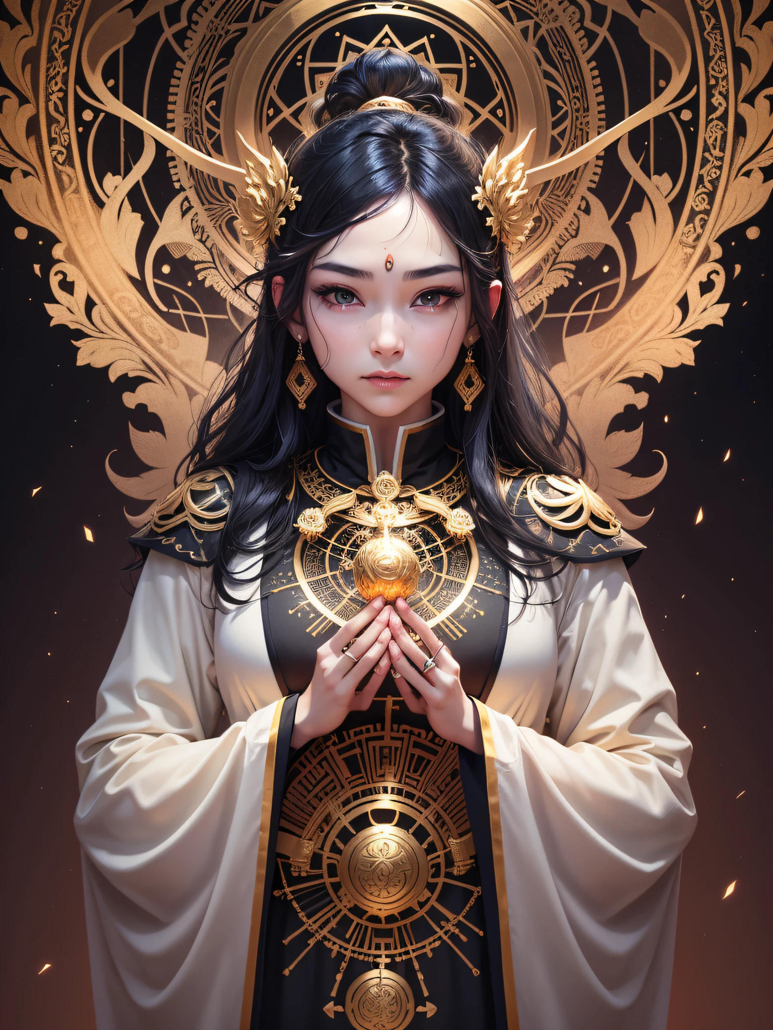 Void Bodhisattva, (Gold: 1.2), smooth upper body, long-sleeved cassock, ray tracing, (metal texture: 1.1), colorful clouds on the background, (top quality: 1.0), (super high resolution: 1.0), 8k, (masterpiece: 0.2), , innocent, innocent, unexposed, black hair, neat,