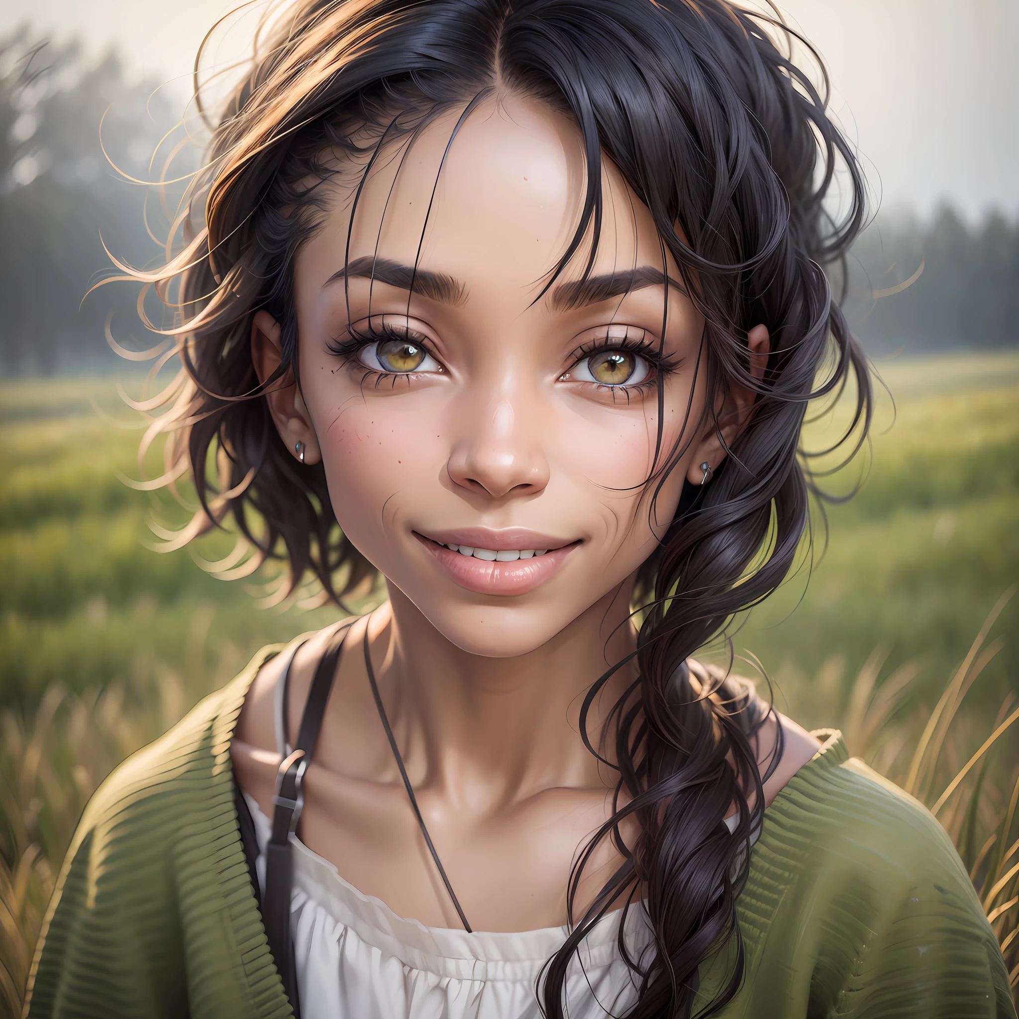 ((Tamara Taylor)), [RAW:0.5] HD photo of a stunningly beautiful woman staring through stunning eyes through you, natural skin, dirty peasant girl, [messy hair], (adorable smile: 0.8), (standing in a foggy grassy field:1.2), head:1.3, natural light, dark and cloudy day, (open, amateur:1.2), ((straight hair)), short hair, (small head) --auto --s2