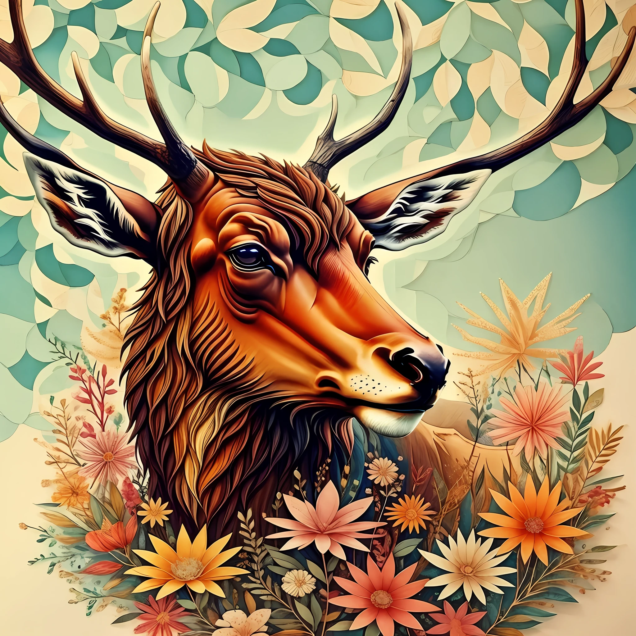 elk, flower, masterpiece, top quality, best quality, official art, beauty and aesthetics, 8k original, reality, yang08k, close up portrait, paper, quilting,