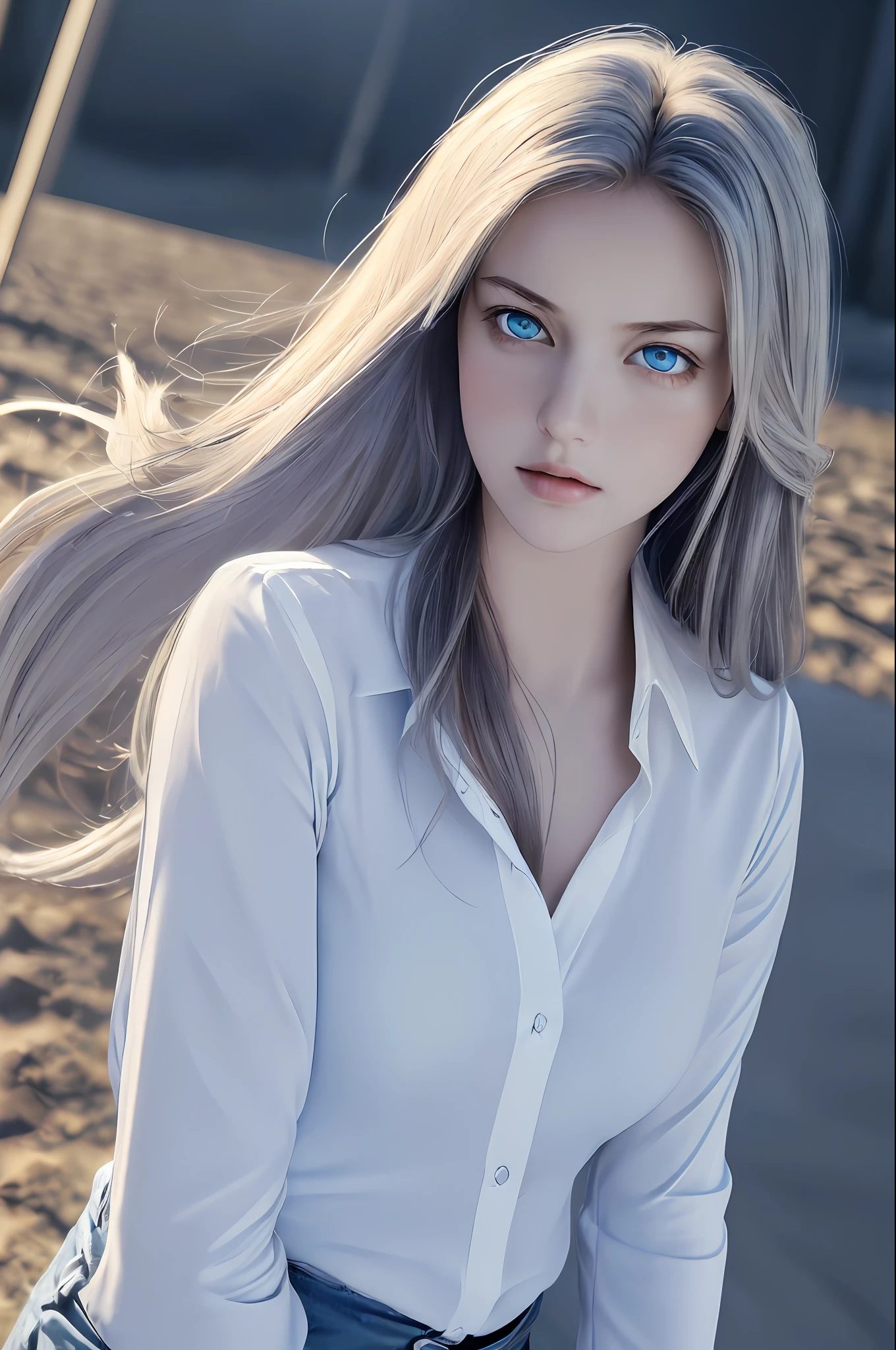 (((((Angle 45 degree)))) Best quality, masterpiece, ultra high res, (photorealistic: 1.37), raw photo, 1girl, long hair, blue eyes, detailed eyes and face, white shirt, dynamic lighting, in the dark, deep shadow, discreet, cowboy shot