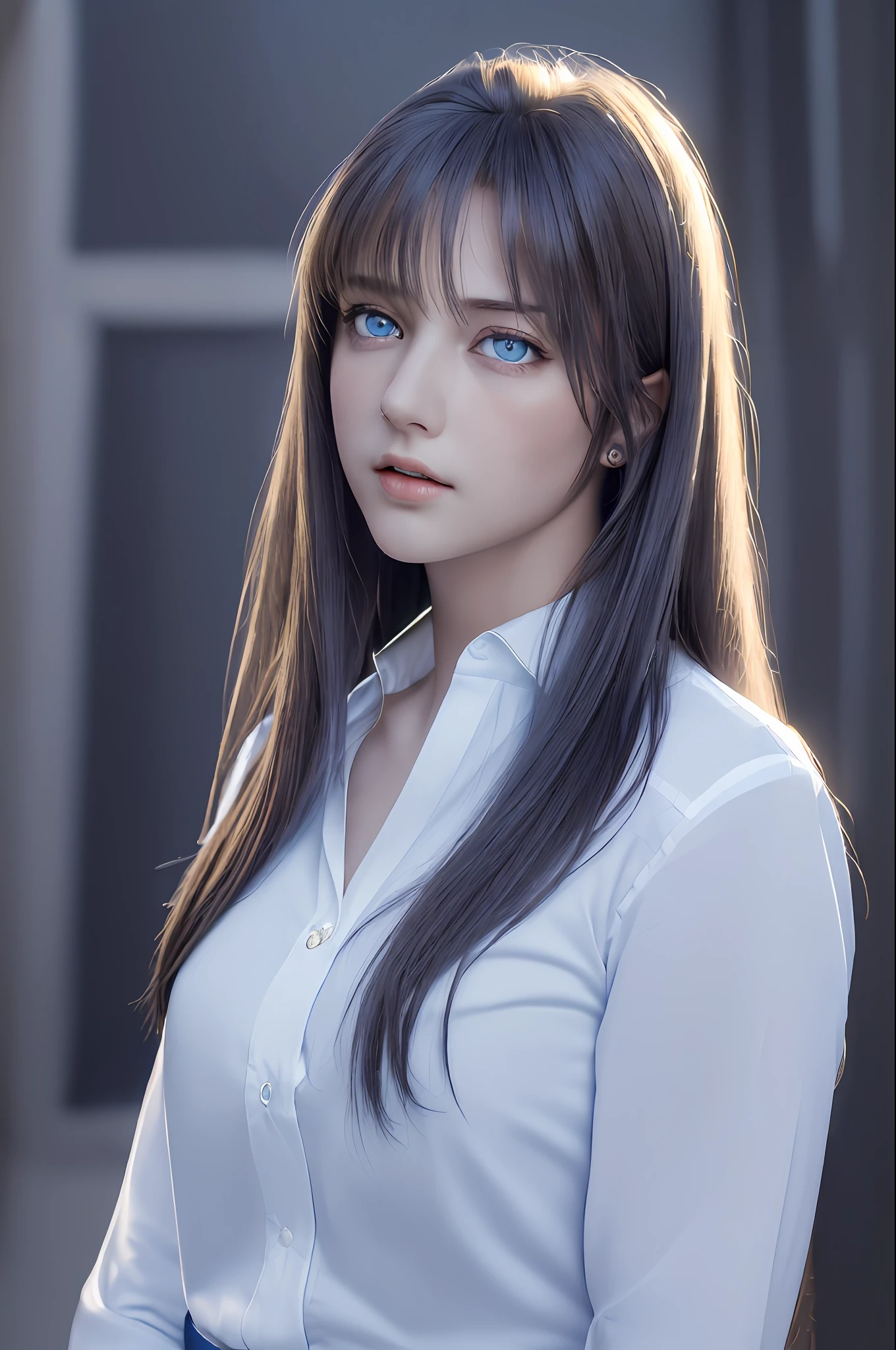 (((((Angle 45 degree)))) Best quality, masterpiece, ultra high res, (photorealistic: 1.37), raw photo, 1girl, long hair, blue eyes, detailed eyes and face, white shirt, dynamic lighting, in the dark, deep shadow, discreet, cowboy shot