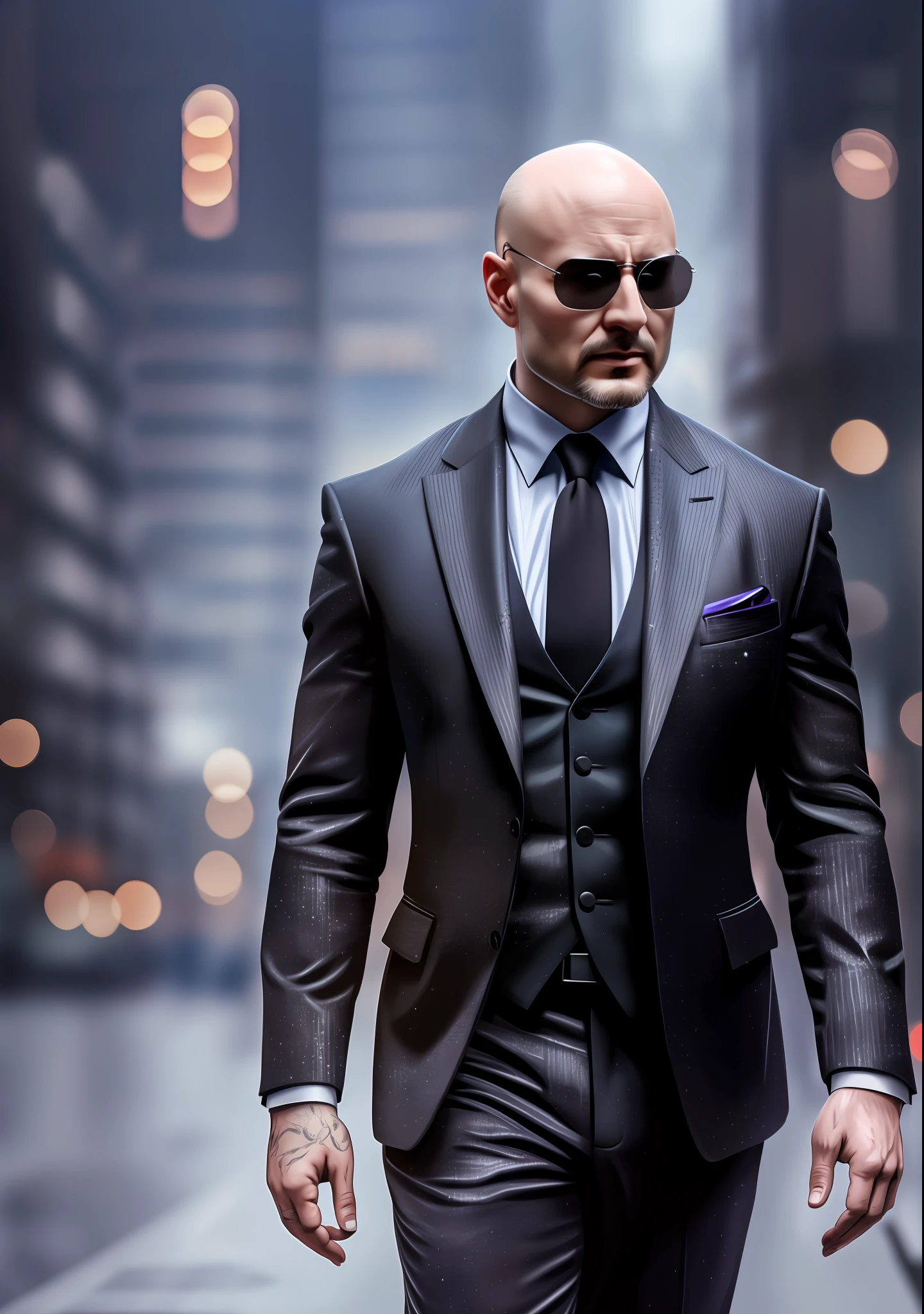bald man 27 years old, well-defined dark eyes, hitman he is bald, Artgerm style walking down the street, starry sky showing full body in all its elegance Blade Runner atmosphere, hyper-realistic, insanely detailed