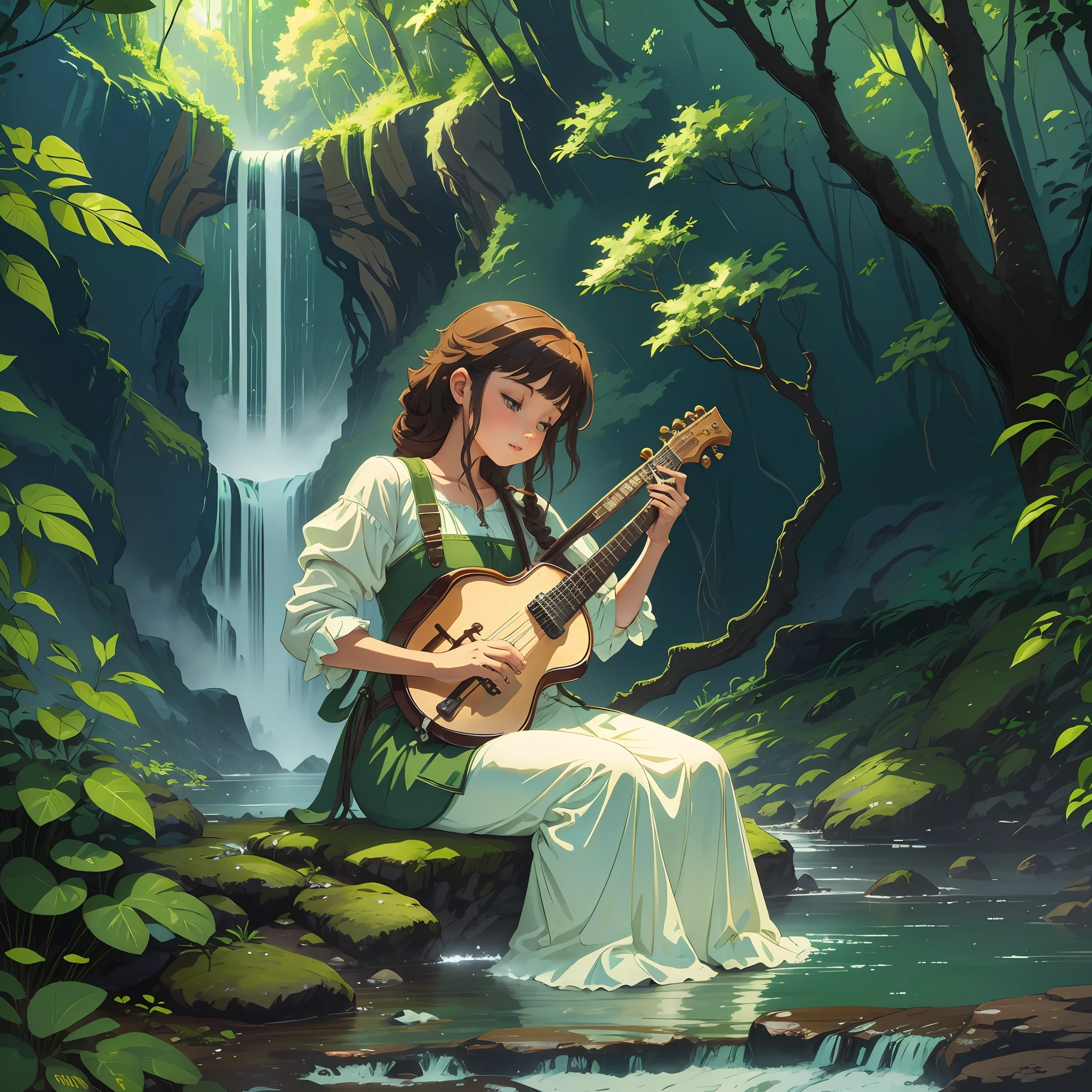 Create an image of a girl playing mandolin in a forest with a waterfall in the background --auto --s2