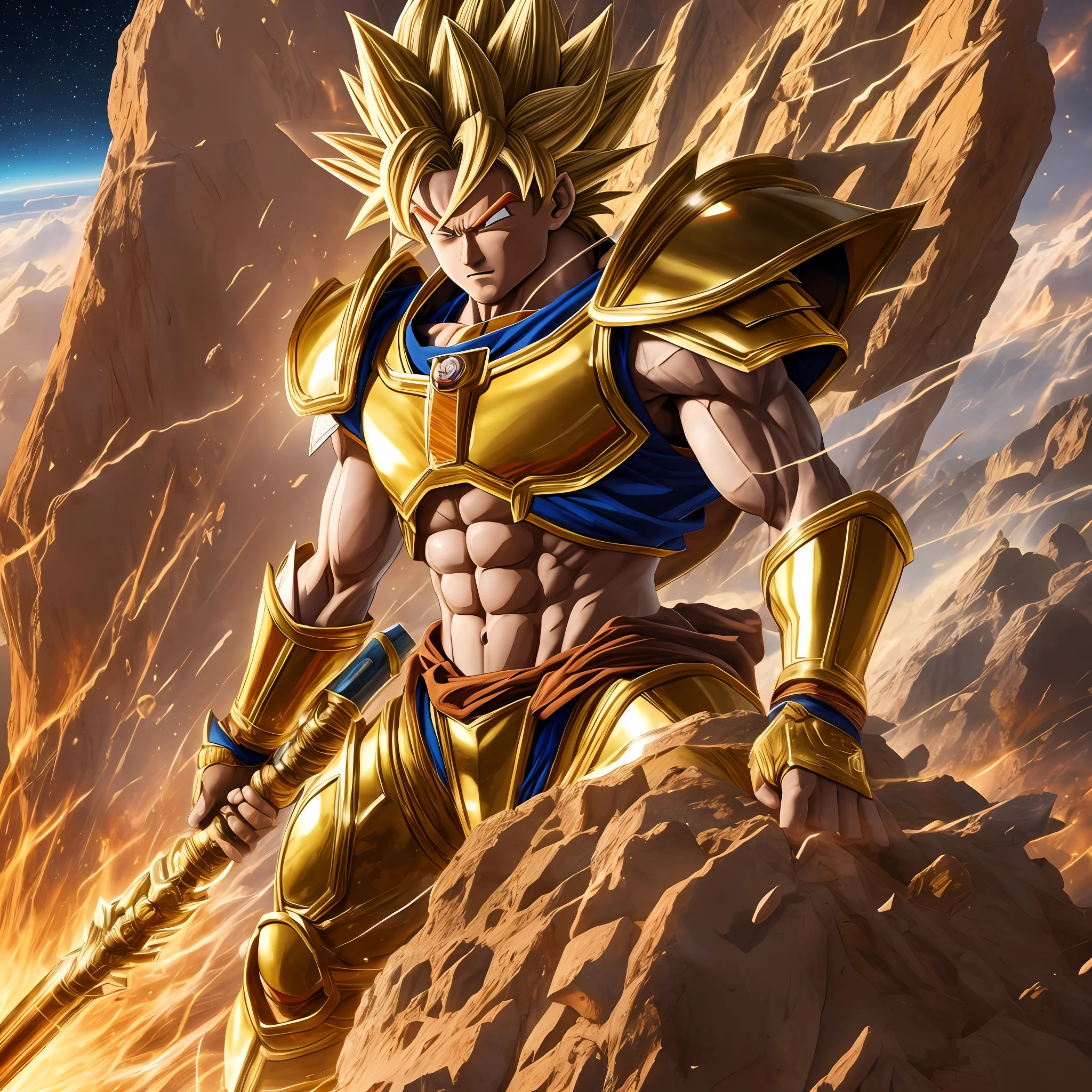 Goku dressed in the gold armor of Sagittarius, ultra realistic. 8K HD realistic details. Facing the planet, Mars. --auto --s2