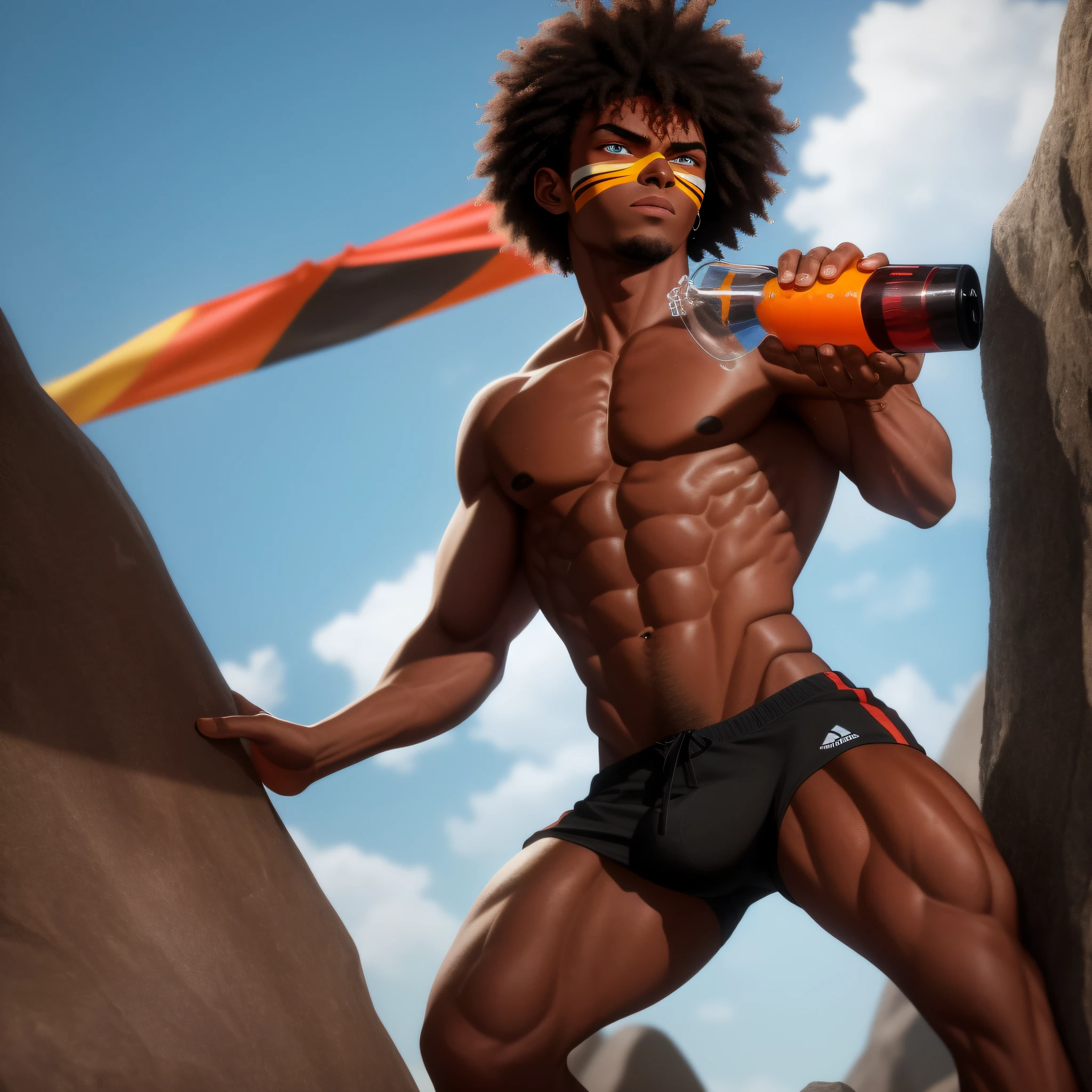 (dramatic illumination, dynamic angle, intense color contrast), [(muscular young black man with black afro hair: 1.2), (shirtless, wearing red athletic shorts 1.1), (holding waterbottle in right hand: 1.1), (outdoors, climbing artificial rock-climbing wall: 1.2) (red yellow and white banner in background: 1.2]