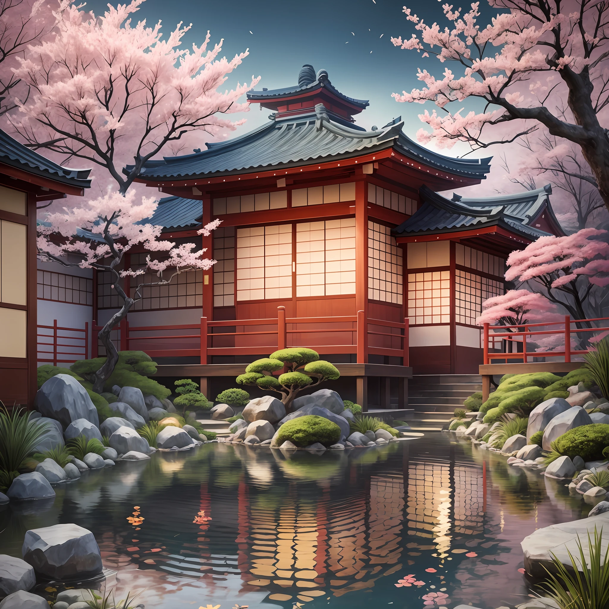 painting of a japanese garden with a pond and a pagoda, digital painting of a pagoda, japanese art style, japanese temple, cyberpunk japanese temple, japanese house, beautiful digital artwork, zen temple background, japanese landscape, ancient japanese architecture, highly detailed digital artwork, high detailed illustration, japonisme 3 d 8 k ultra detailed, kyoto inspired, japanese style painting