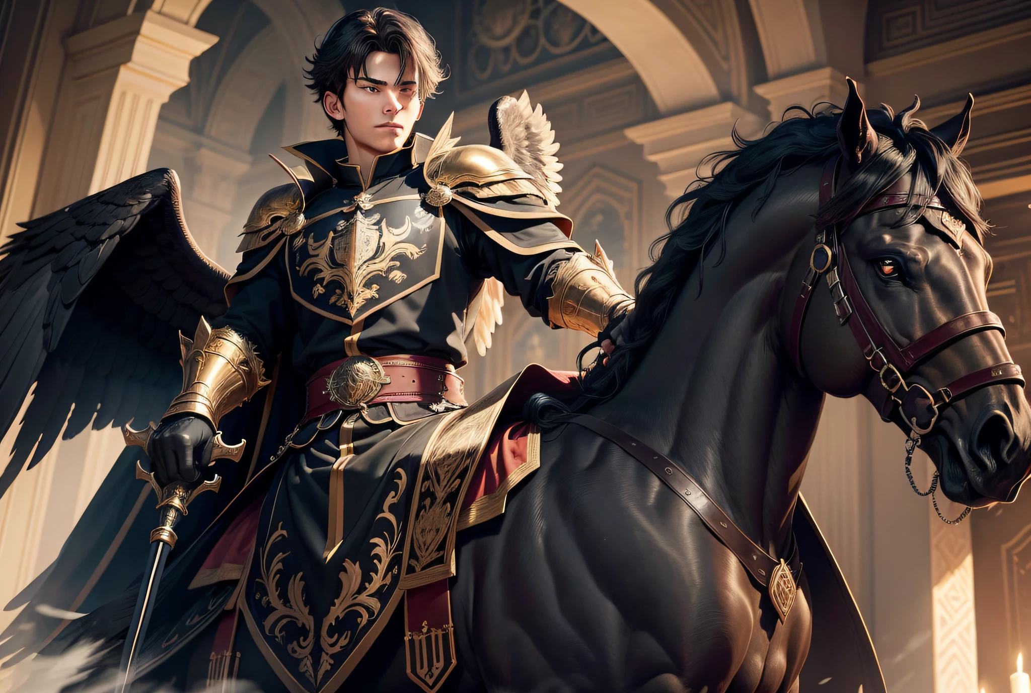 At about , a full-body image, he wears noble, dark clothes. On his chest is a brooch of a golden phoenix, and in his hand a well-ornamented sword forged in castle, mounted on a large black horse with red eyes and with an eagle flying in the skies, ultra realistic, 8k --auto --s2