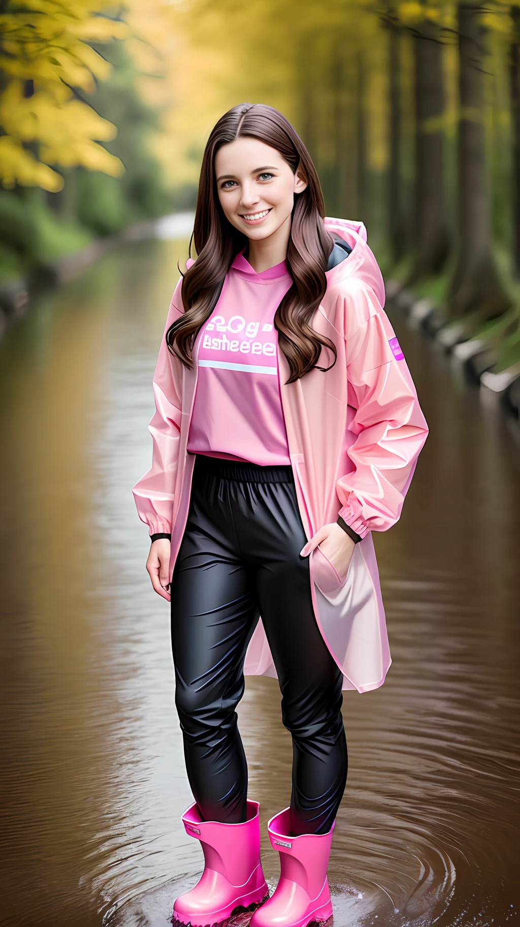 Woman, 26 years old, brown hair, European, smiling , happy, wearing a long pink raincoat, Tshirt, waterproof pants, rain boots, photorealistic, masterpiece, full body photo, 8k, ultradetailed