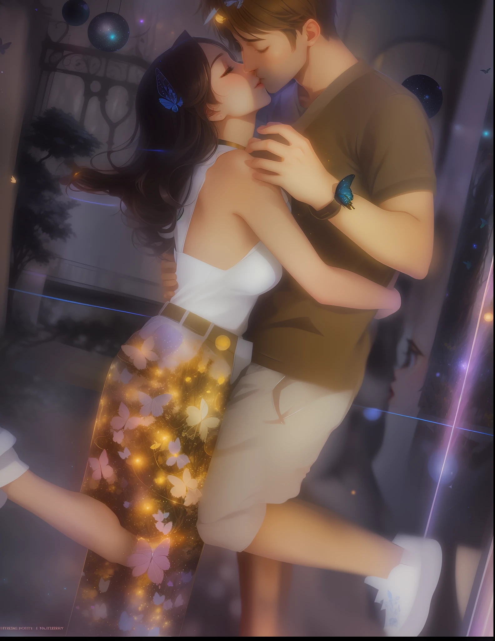 illustration, couple kissing, anime, cinematic light, highest quality, ultra detailed realism, detailed face, detailed eyes, best quality, hyper detailed, masterpiece, magic forest, small balls of light yellow light flying in the background, couple in love, clear light, love theme, surrealism, romanticism, butterflies in the distant background
