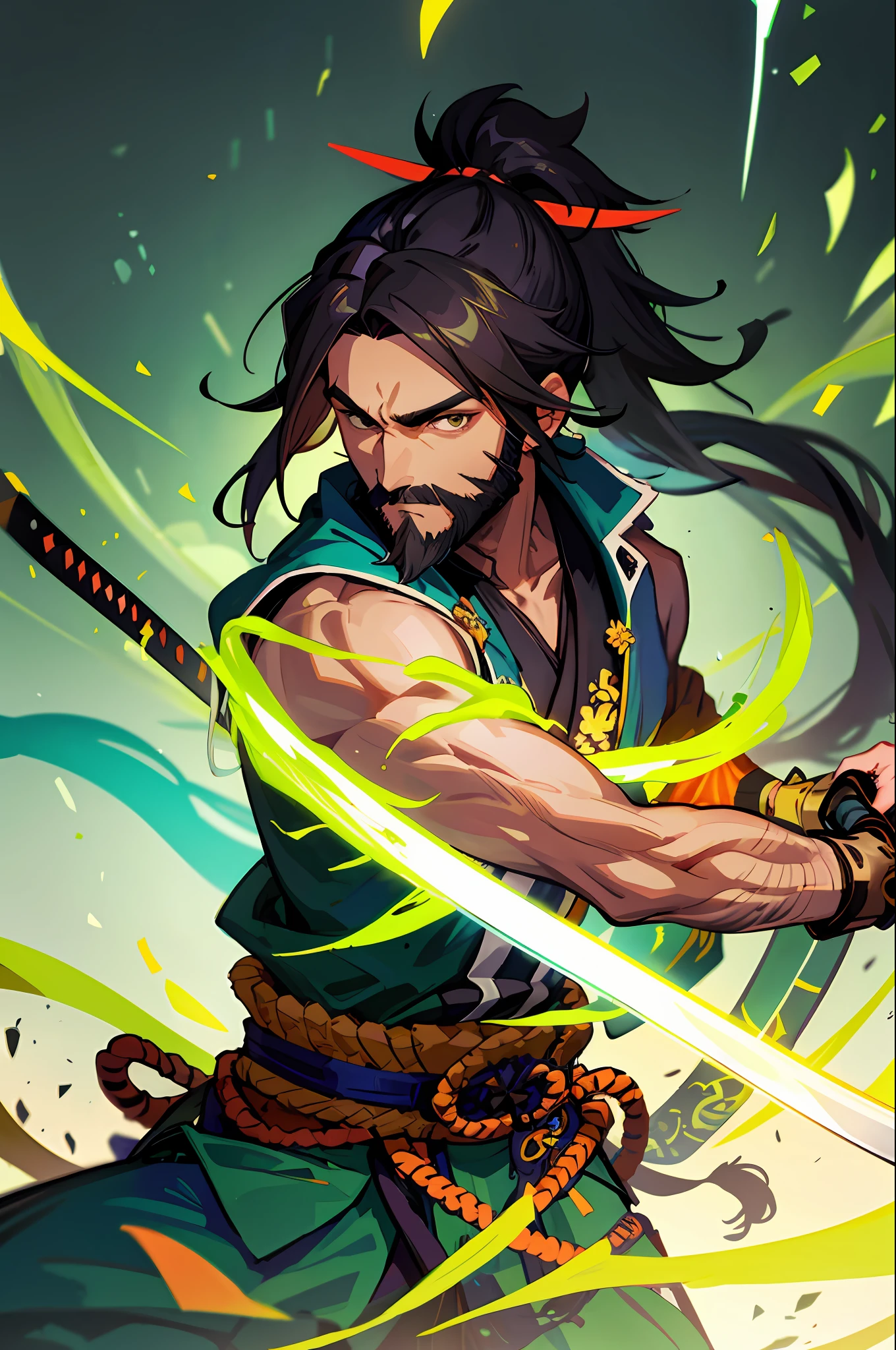 1boy, black skin, shallow beard, ponytail, samurai with a green katana, brown eyes, green magic