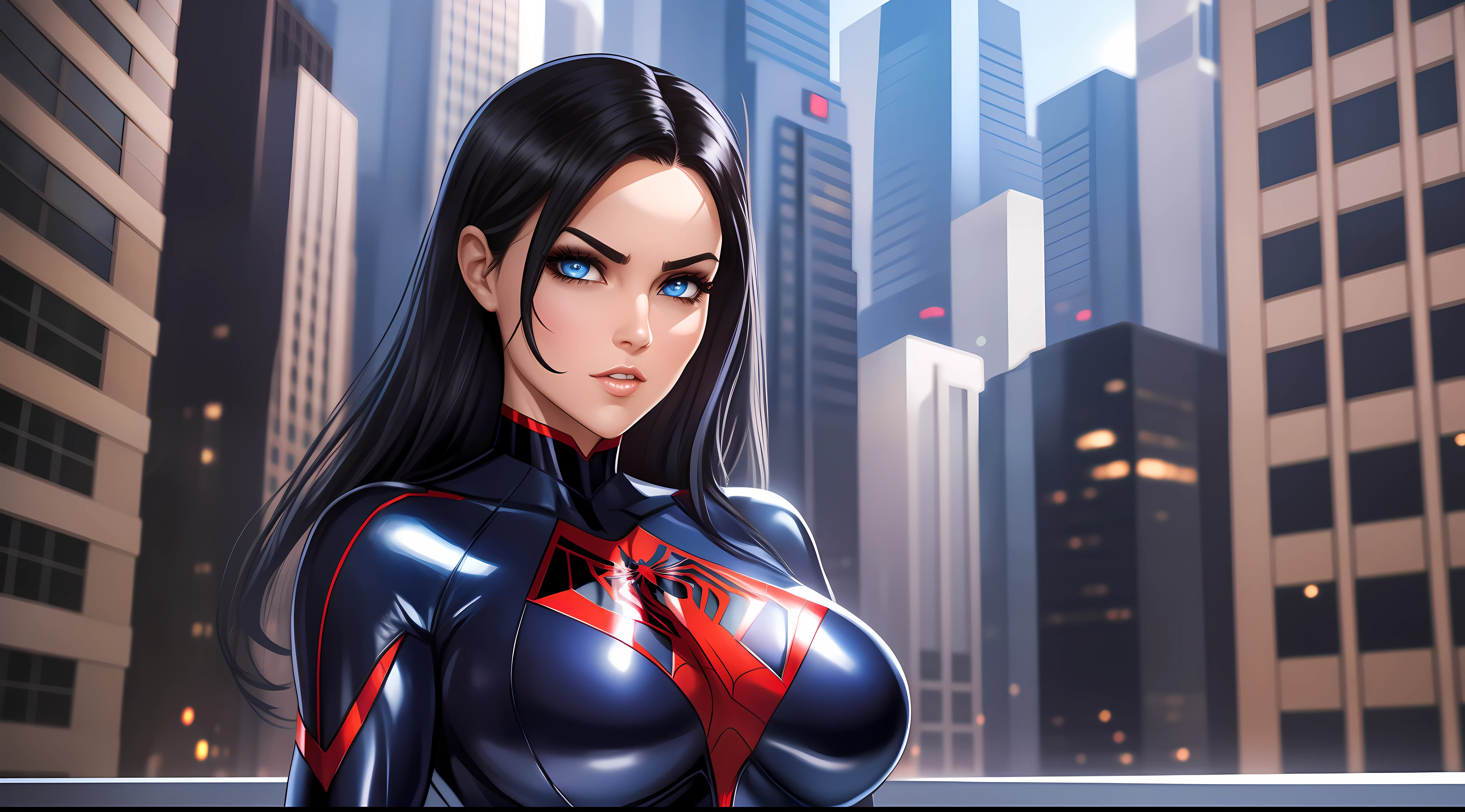 spider-woman in suit, black hair, blue eyes, large breasts, wide hips, thick thighs, no teeth, beautiful face