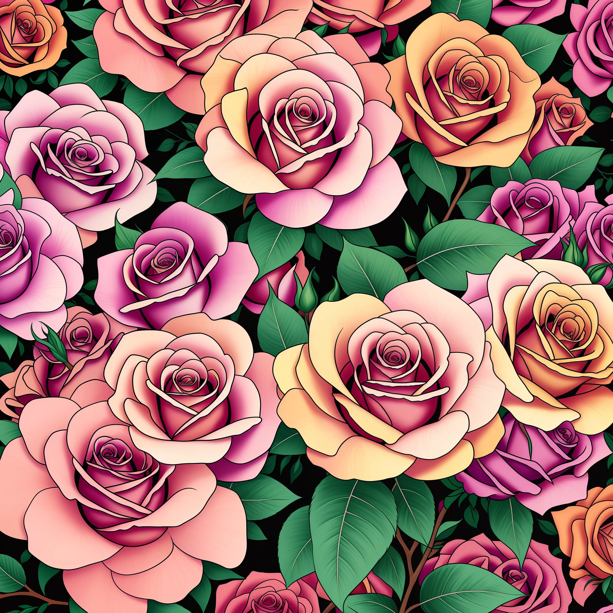 flowers, roses, 2d, art, art, drawing, drawing, colorful background, zinia flowers, colors, flying flowers, rose bush --auto --s2