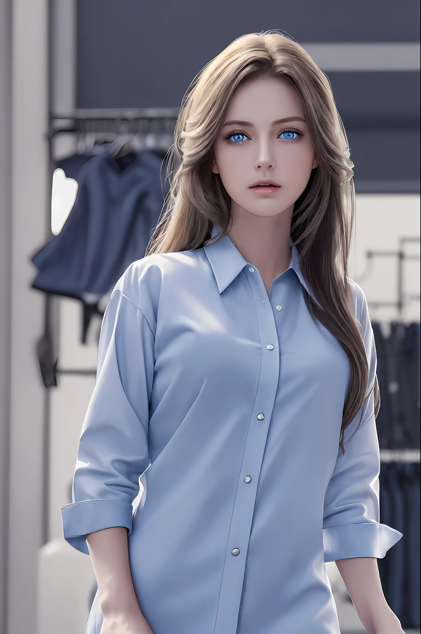 ((((working clothing store)))) Best quality, masterpiece, ultra high res, (photorealistic: 1.37), raw photo, 1girl, long hair, blue eyes, detailed eyes and face, white shirt, dynamic lighting, in the dark, deep shadow, discreet, cowboy shot