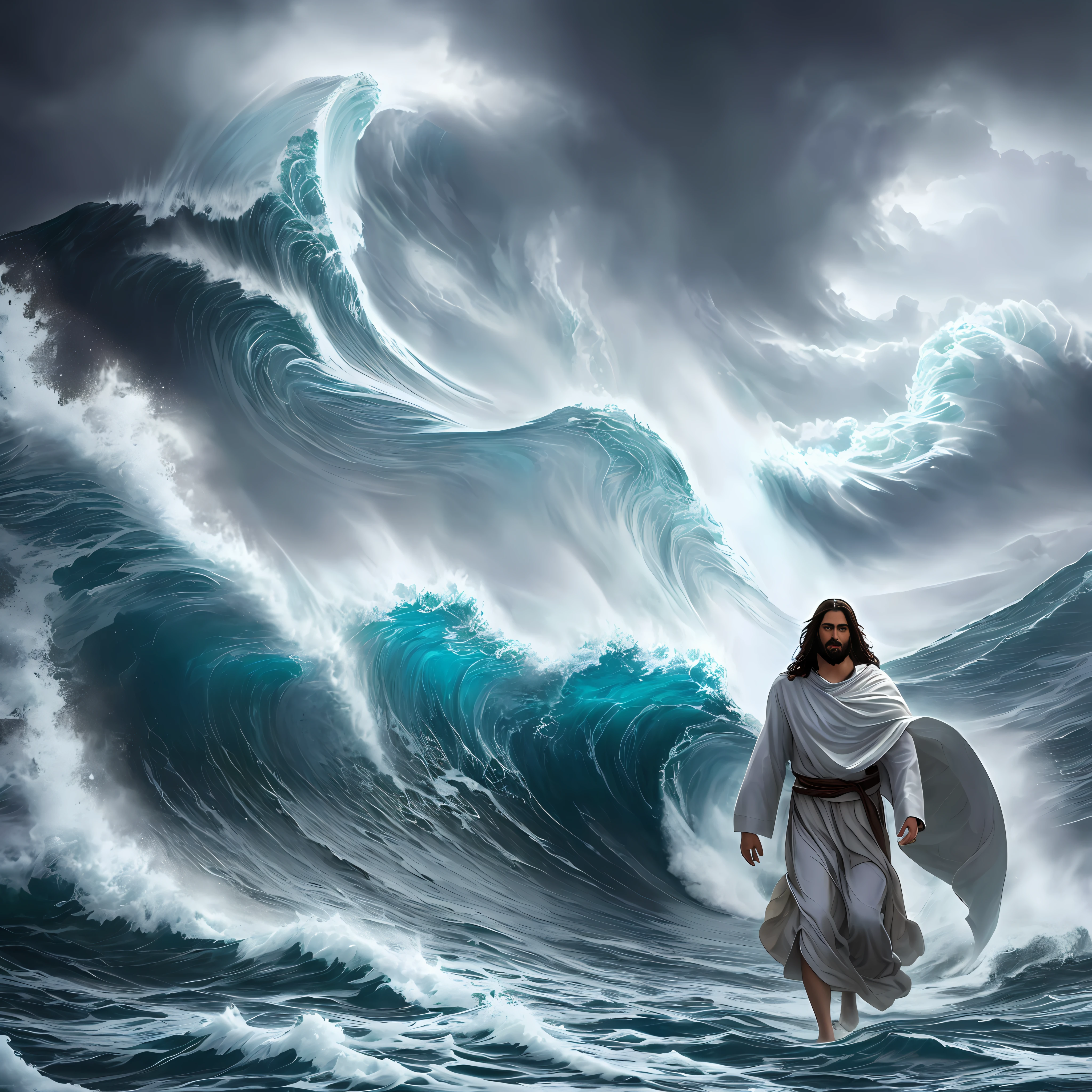 jesus walking in the ocean with a large wave, jesus walking on water, the sea and storms behind him, standing in a maelstrom, in rough seas with large waves, epic biblical depiction, in a storm, torment and waves, it's running between a storm, the lord and savior, apocalyptic tumultuous sea, jesus christ, standing against the storm