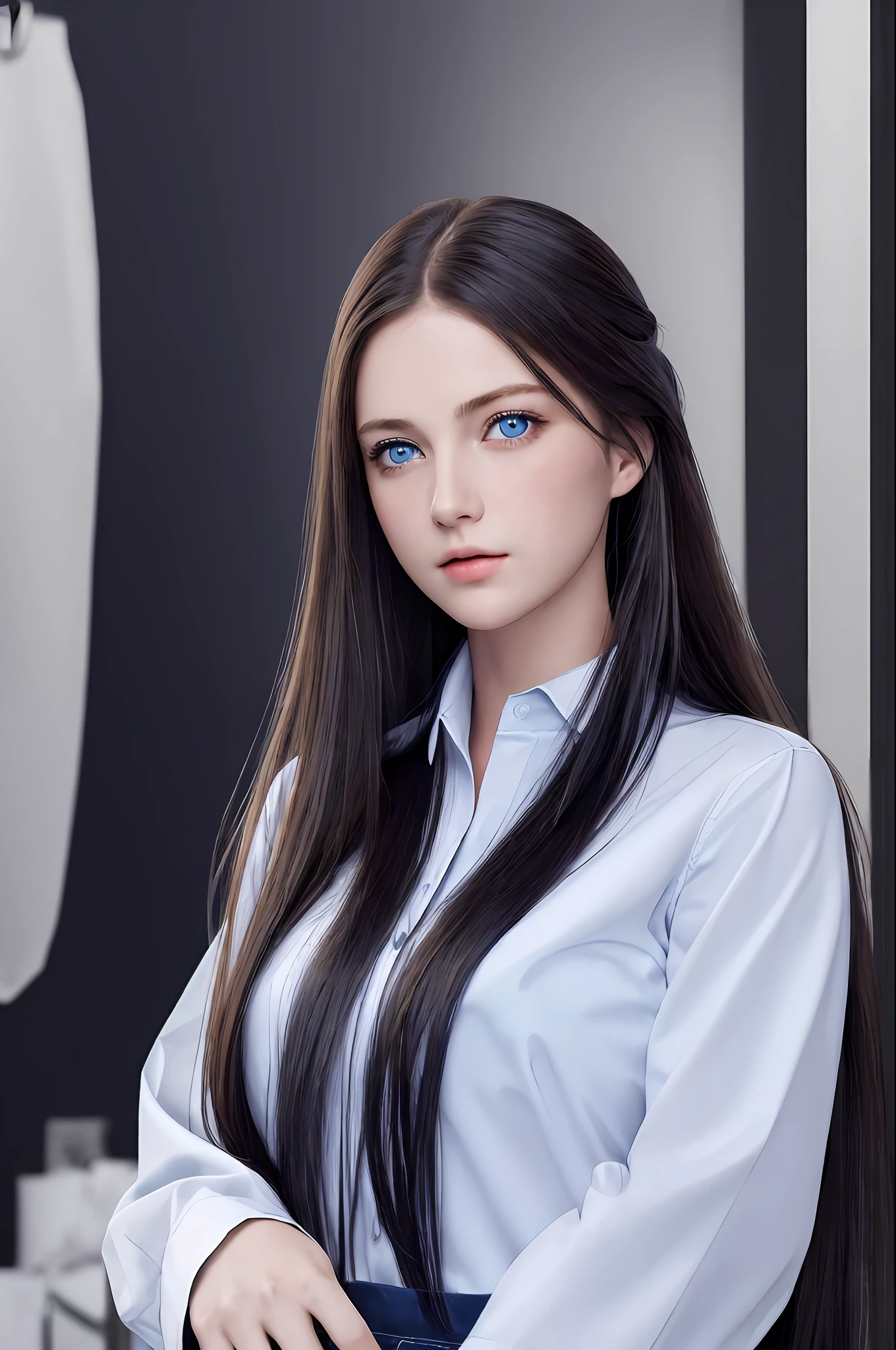 ((((working clothing store)))) Best quality, masterpiece, ultra high res, (photorealistic: 1.37), raw photo, 1girl, long hair, blue eyes, detailed eyes and face, white shirt, dynamic lighting, in the dark, deep shadow, discreet, cowboy shot