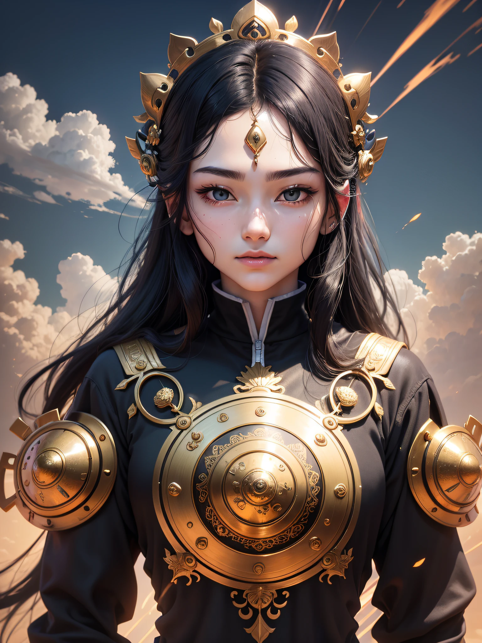 Void Bodhisattva, (Gold: 1.2), Smooth upper body, long-sleeved cassock, ray tracing, (Metal texture: 1.1), Colorful clouds on the background, (Best quality: 1.0), (Ultra High Resolution: 1.0), 8k, (Masterpiece: 0.2), , Innocent, No exposure, Black hair, Neatness, Guide, Face facing forward, Beauty,