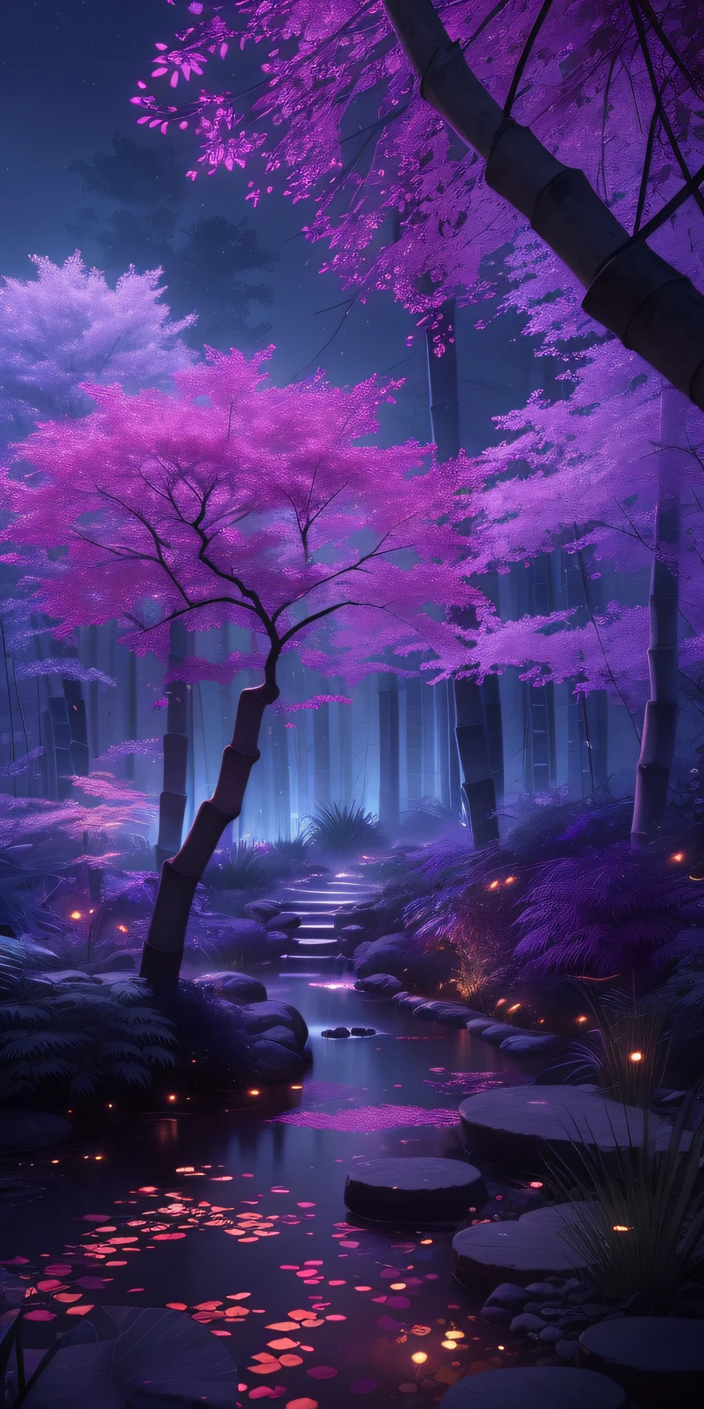 Masterpiece, best quality, (very detailed CG unity 8k wallpaper), (best quality), (best illustration), (best shadows), luminous sprite, (ancient Chinese architecture), stream, clear water near the lake, natural elements in a forest theme. Night Mysterious Forest, beautiful night forest, lotus in water, bamboo, stone steps, stone bridge, night nature surrounded by night flowers, leaves and red branches surrounded by fireflies (natural elements), (night blackout), (night dark sky), (night jungle theme), (purple glowing grass), (leaves), (branches), (purple fireflies), (particle effects), 3D, dark background, Octane rendering, ray tracing, super detail, night, moon