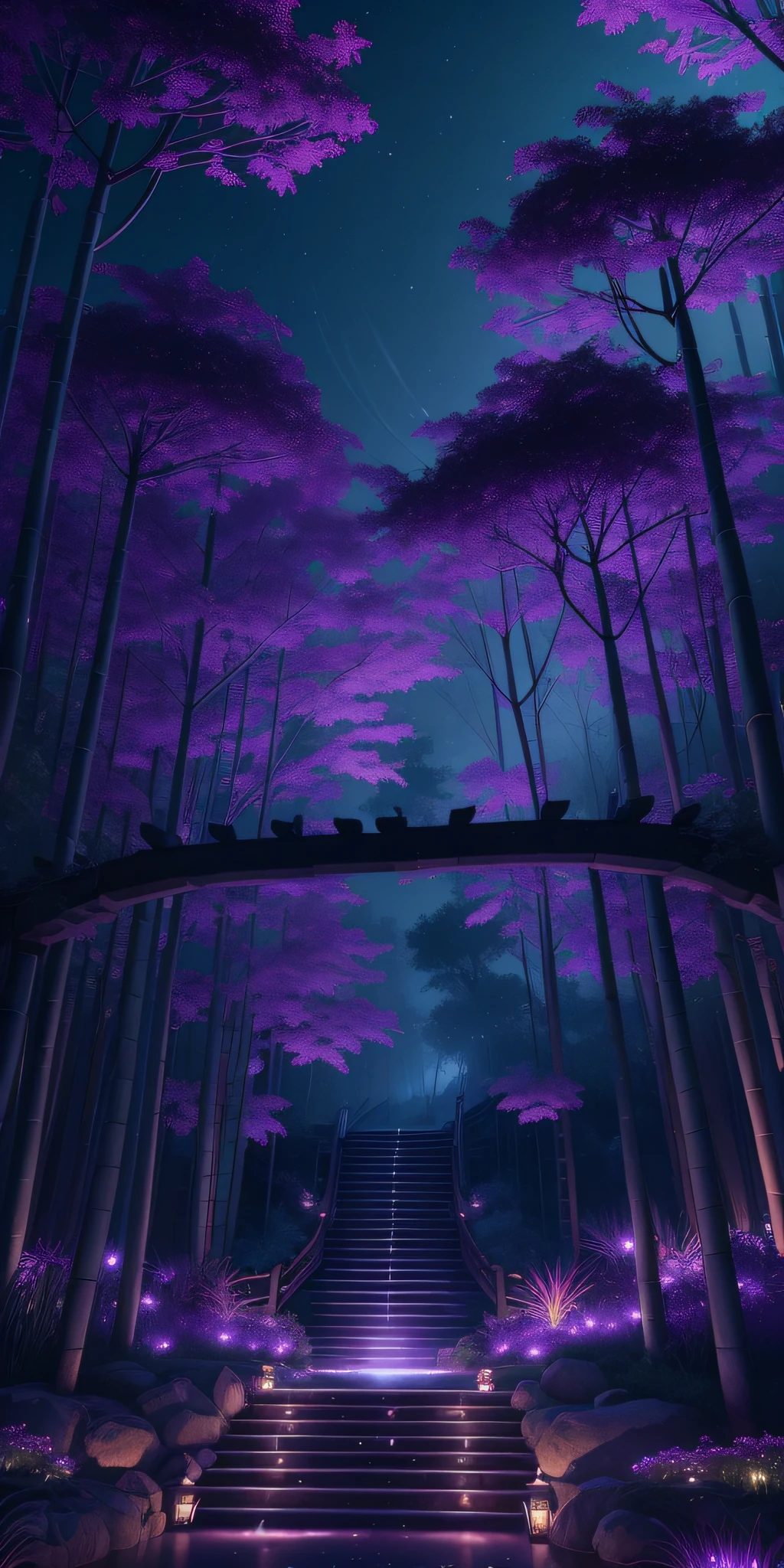 Masterpiece, best quality, (very detailed CG unity 8k wallpaper), (best quality), (best illustration), (best shadows), luminous sprite, (ancient Chinese architecture), stream, clear water near the lake, natural elements in a forest theme. Night Mysterious Forest, beautiful night forest, lotus in water, bamboo, stone steps, stone bridge, night nature surrounded by night flowers, leaves and red branches surrounded by fireflies (natural elements), (night blackout), (night dark sky), (night jungle theme), (purple glowing grass), (leaves), (branches), (purple fireflies), (particle effects), 3D, dark background, Octane rendering, ray tracing, super detail, night, moon