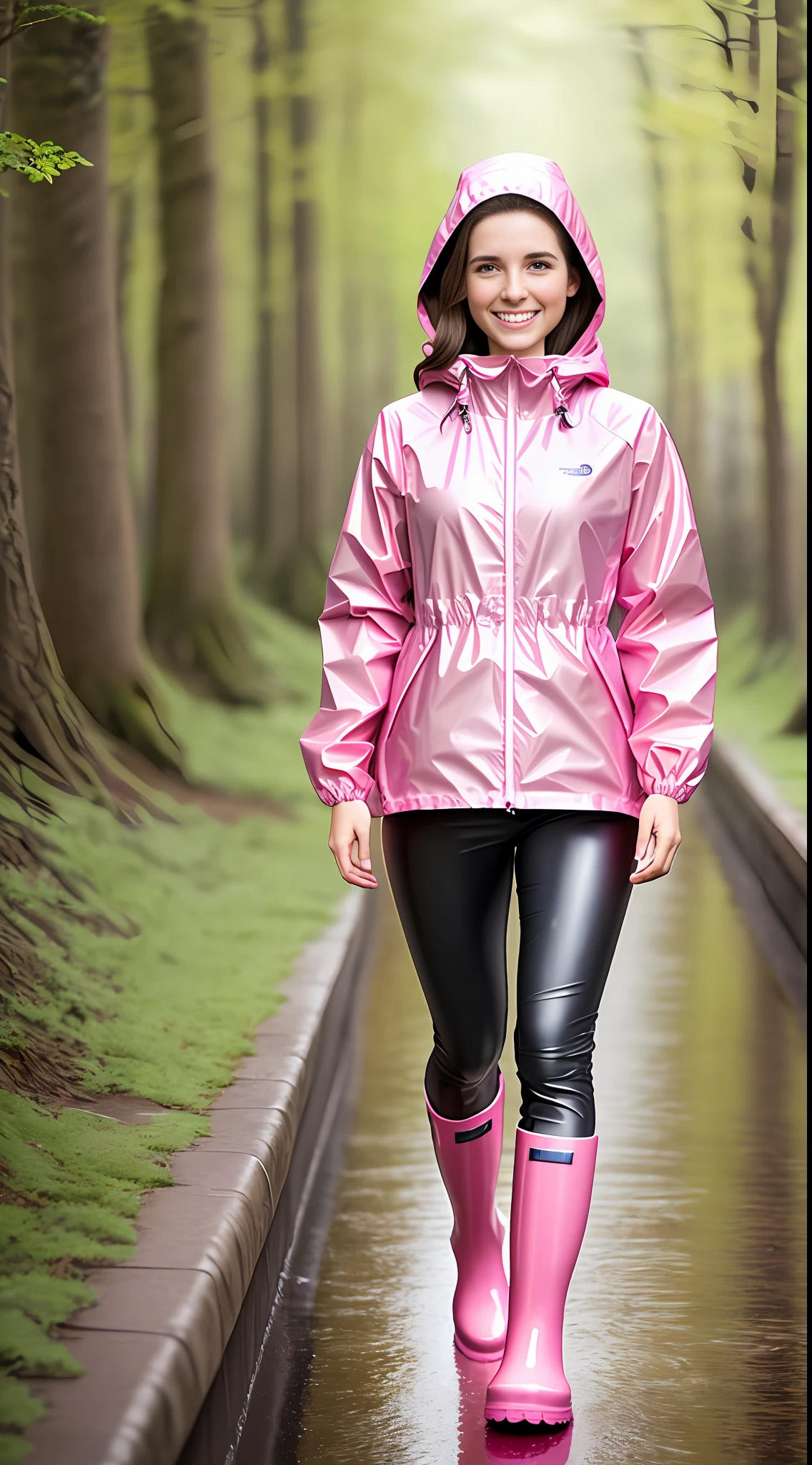 Woman, 26 years old, (brown hair), European, smiling , happy, wearing a long pink raincoat, Tshirt, pink waterproof pants, (rain boots), photorealistic, masterpiece, full body photo, 8k, ultradetailed