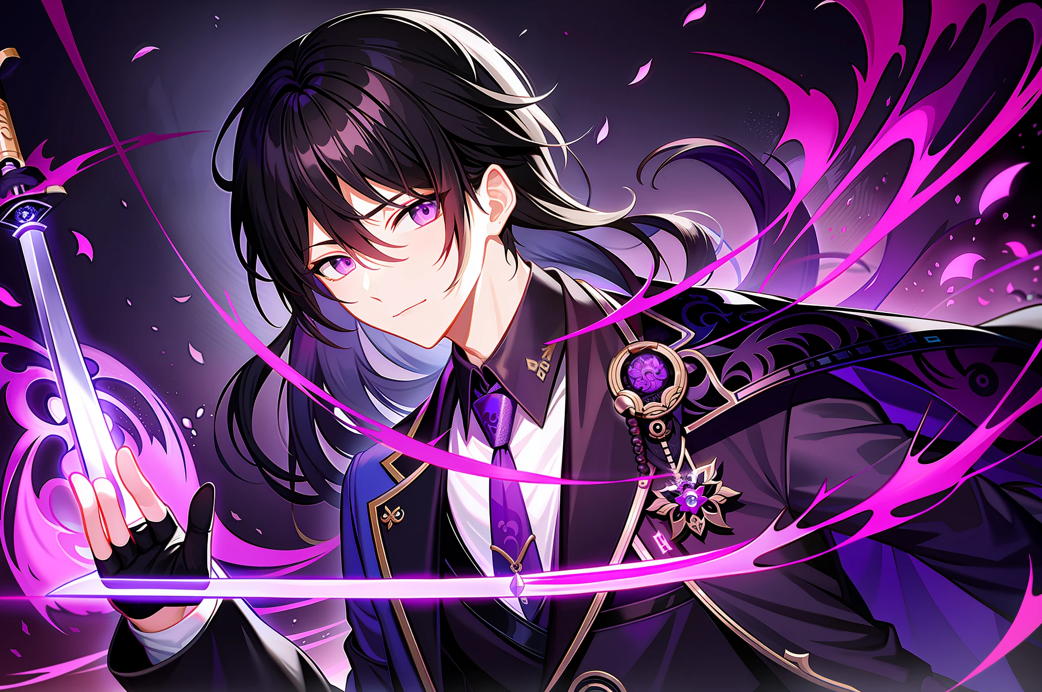 걸작, black_hair, purple_eyes, 저주받은, carrying_a_coffin_on_shoulder, Bandage_on_left_hand, genshin_impact, boy, magic swordsman, many swords, expressionless