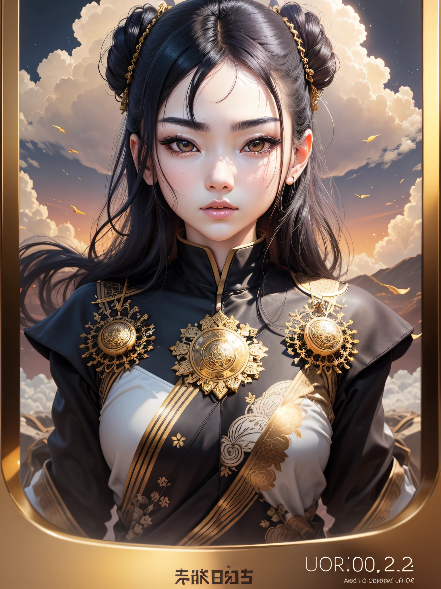 Void Bodhisattva, (Gold: 1.2), Smooth Upper Body, Long Sleeve Cassoc, Ray Tracing, (Metal Texture: 1.1), Colorful Clouds on the Background, (Best Quality: 1.0), (Ultra High Resolution: 1.0), 8k, (Masterpiece: 0.2), , Innocence, No Exposure, Black Hair, Neat, Guide, Face Facing Forward, Beauty, Disturbing Emotions, Akita Beauty,