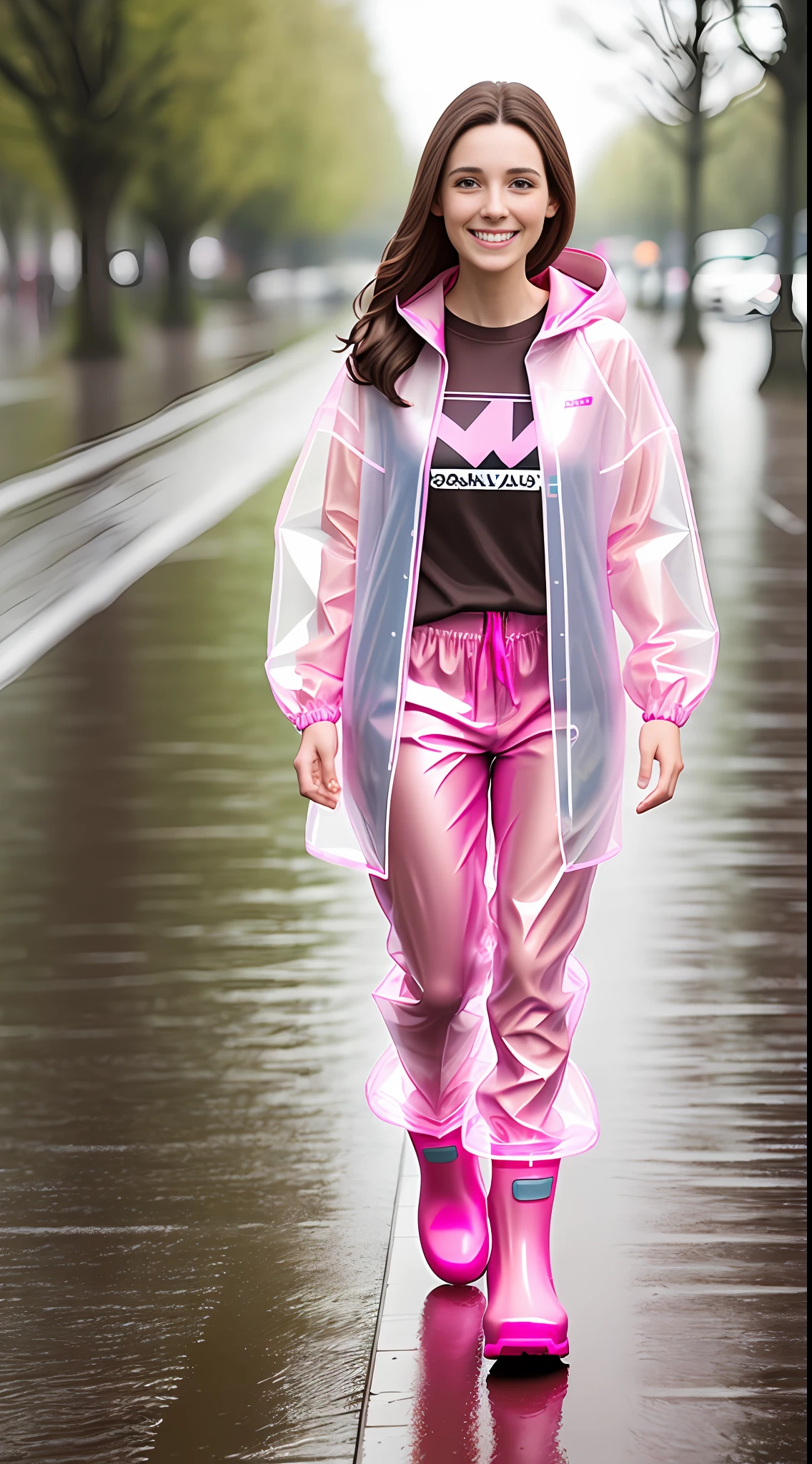 Woman, 26 years old, (brown hair), European, smiling , happy, wearing a long transparent pink raincoat, Tshirt, pink waterproof pants, (rain boots), photorealistic, masterpiece, full body photo, 8k, ultradetailed