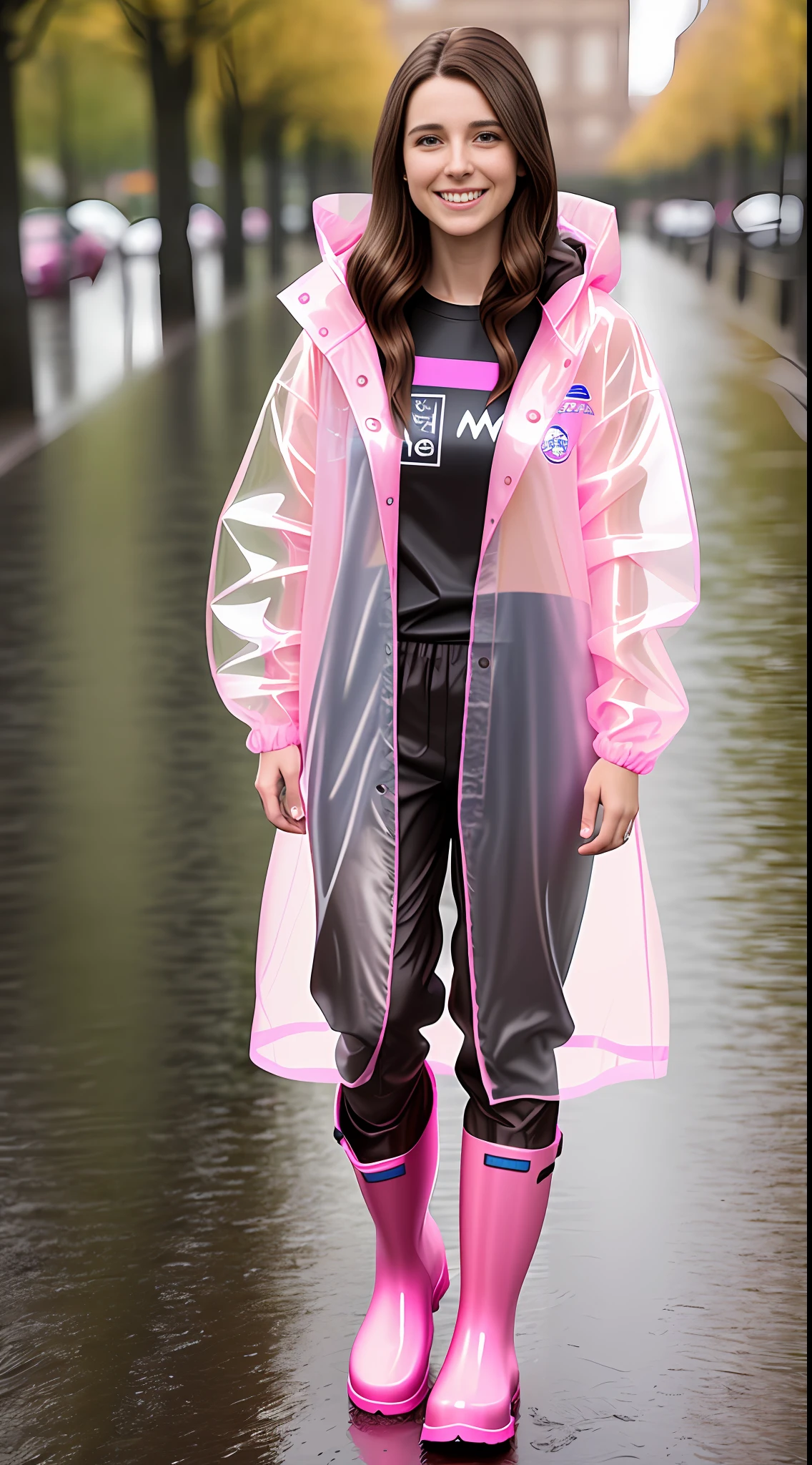 Woman, 26 years old, (brown hair), European, smiling , happy, wearing a long transparent pink raincoat, Tshirt, pink waterproof pants, (rain boots), photorealistic, masterpiece, full body photo, 8k, ultradetailed