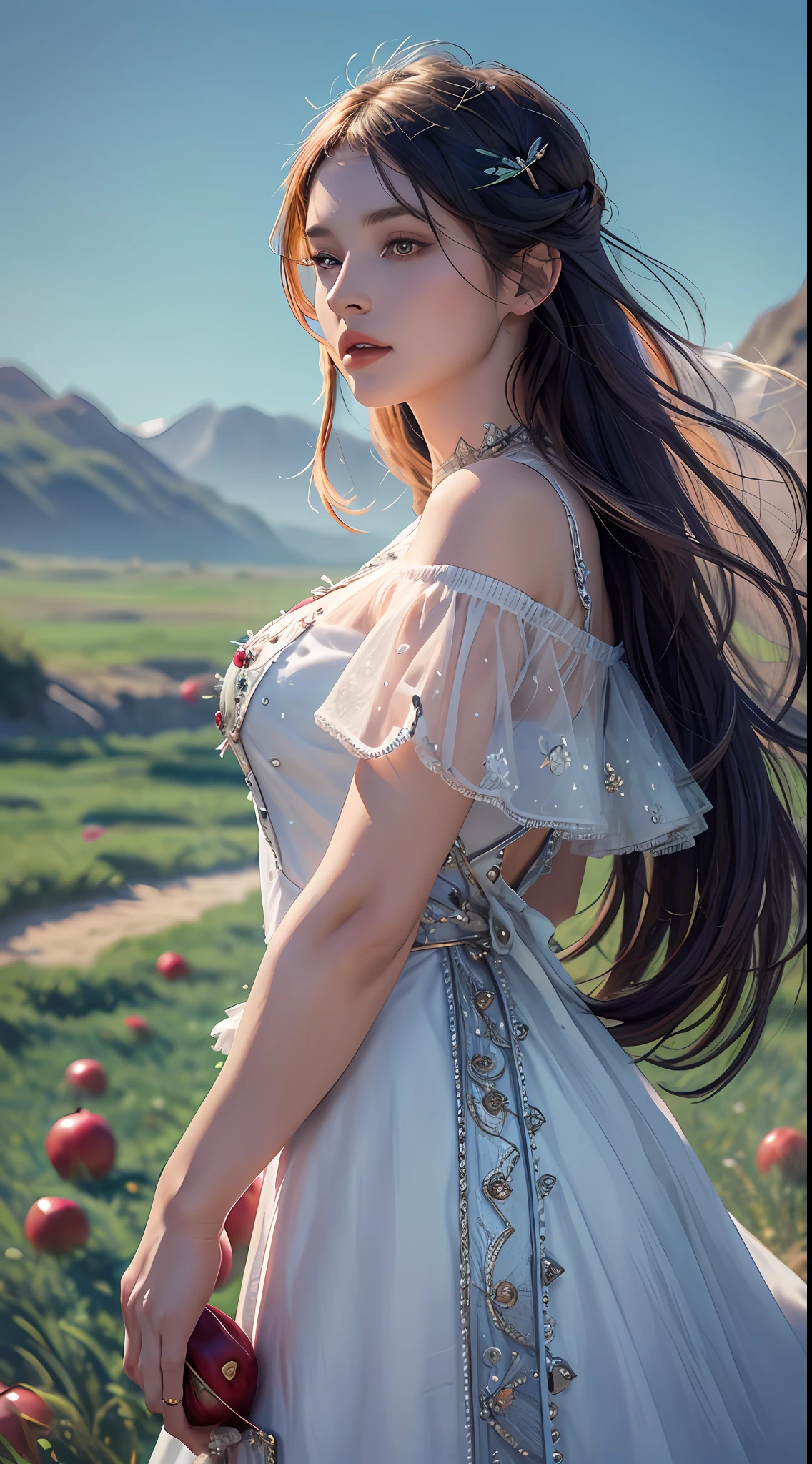 Arafed woman in a dress standing in a red apple field, beautiful detailed portrait, beautiful digital artwork, stunning elegant pose, detailed beauty portrait, art fashion photography, detailed dress and face, green and blue tones, beautiful digital illustration, sergey zabelin, photo of a beautiful woman, very nice photo, by Galen Dara, close-up portrait, details Blue turquoise, last she a small river with ducks, and a white horse that drink from the river, the woman carries in these arms a very beautiful colorful bird of 4 colors