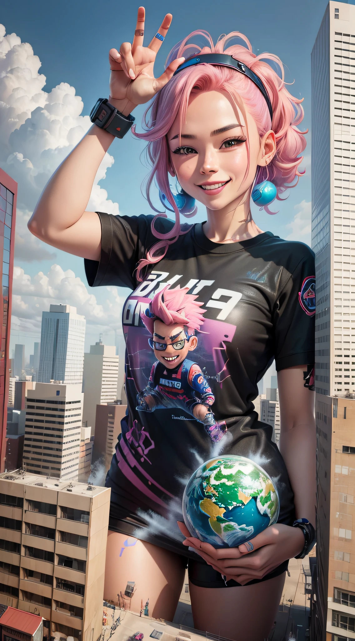 Vector T-shirt centered, isometric, ready to print Highly detailed colorful graffiti illustration, character holding bomb in hands, pink hair, splendid smile, robotic landscape, 4k, hd, ultrarealistic, realism