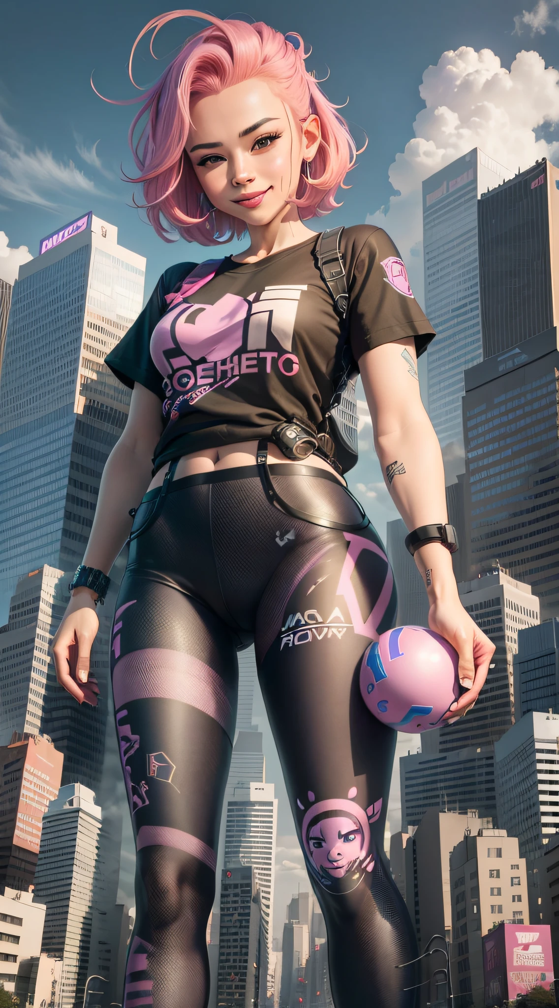 Vector T-shirt centered, isometric, ready to print Highly detailed colorful graffiti illustration, character holding bomb in hands, pink hair, splendid smile, robotic landscape, 4k, hd, ultrarealistic, realism
