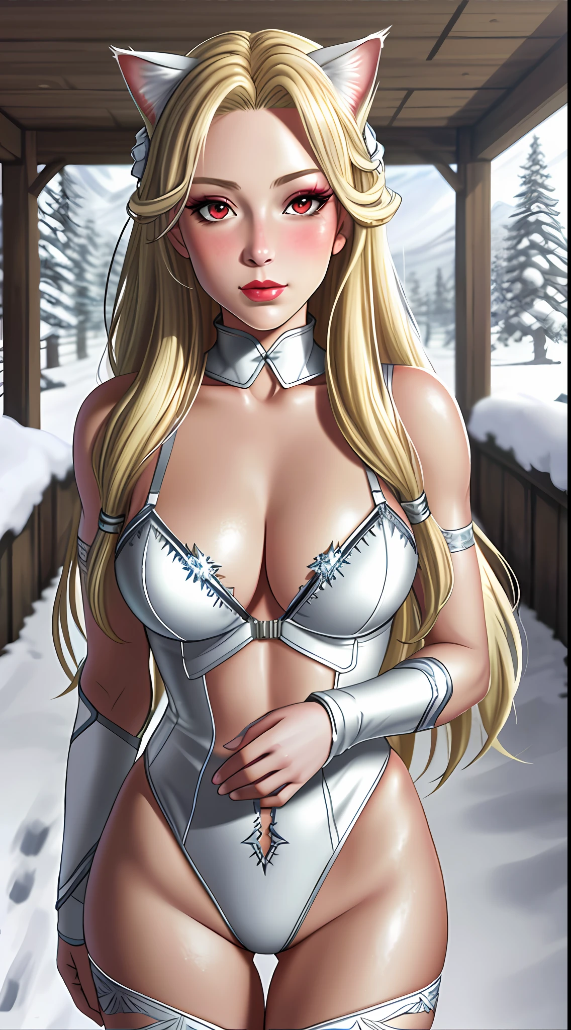 best quality, 8k, sharp focus, depth of field, best shadows, perfect lights, HDR, realistic skin texture, detailed, hyper detailed background, solo, 1 woman, Alisa Reinford, (long blonde hair, red eyes, white skin, shiny skin, medium breasts, makeup, lipstick), looking at the viewer, anime style inspired by trails of cold steel IV, lewd, ecchi, blushing, wearing a cat cosplay lingerie,  in a snowfield, ymir valley, steam bathouse