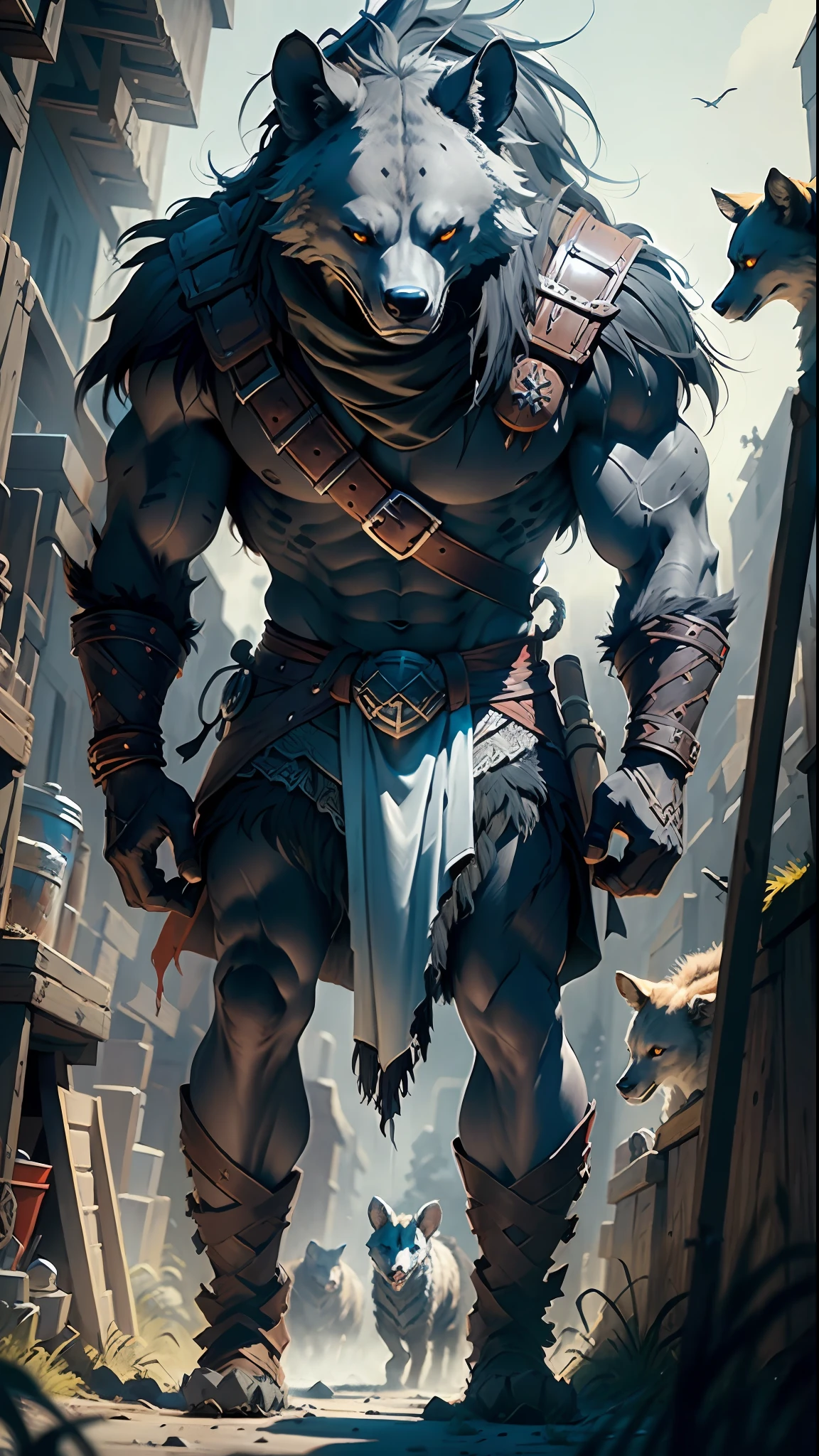 (best quality, masterpiece), powerful hyenas, Nordic theme, Ragnarok style, strong colors, strong shadows, intense scene, epic atmosphere