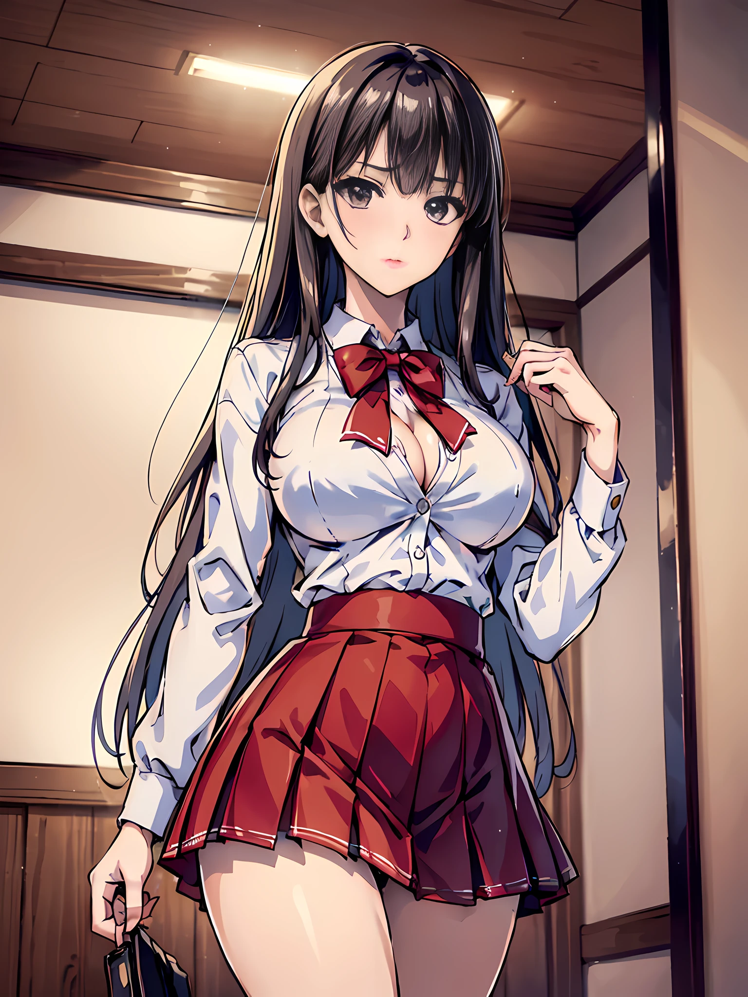 ((top quality, 8k, masterpiece: 1.3)), extremely cute and beautiful woman, 1 girl, (large breasts: 1.3), seductive cleavage, (abs, slender figure: 1.1), sharp focus, pixiv masterpiece, ((intricate details)), highly detailed, upper body, 1girl, black long straight hair, Japanese school girl uniform, cleavage, white collard shirt, red blazer, white pleats short skirt, 8k, 8k resolution, suzune horikita, kei karuizawa, honami ichinose, detailed body, detailed clothes, sharp image, Japanese anime concept art,