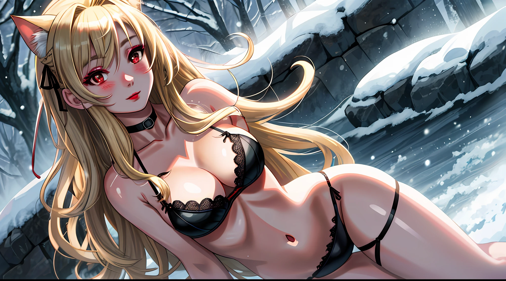 best quality, 8k, sharp focus, depth of field, best shadows, perfect lights, HDR, realistic skin texture, detailed, hyper detailed background, solo, 1 woman, Alisa Reinford, (long blonde hair, red eyes, white skin, shiny skin, medium breasts, makeup, lipstick), looking at the viewer, anime style inspired by trails of cold steel IV, lewd, ecchi, blushing, wearing a cat cosplay lingerie, in a snowfield, ymyr valley steam bathouse