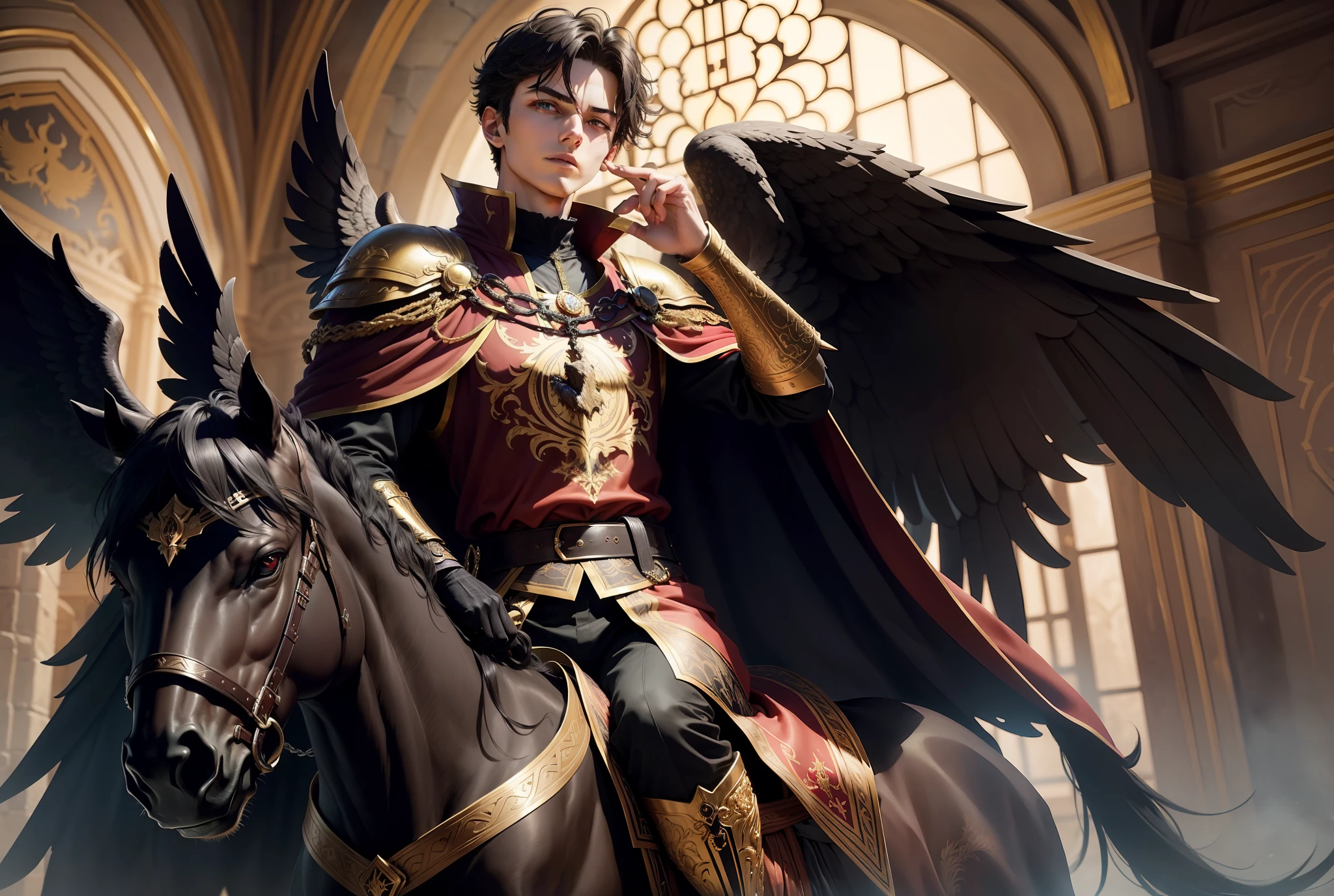 At about , a full-body image, he wears noble, dark clothes. On his chest is a brooch of a golden phoenix, and in his hand a well-ornamented sword forged in castle, mounted on a large black horse with red eyes --auto --s2