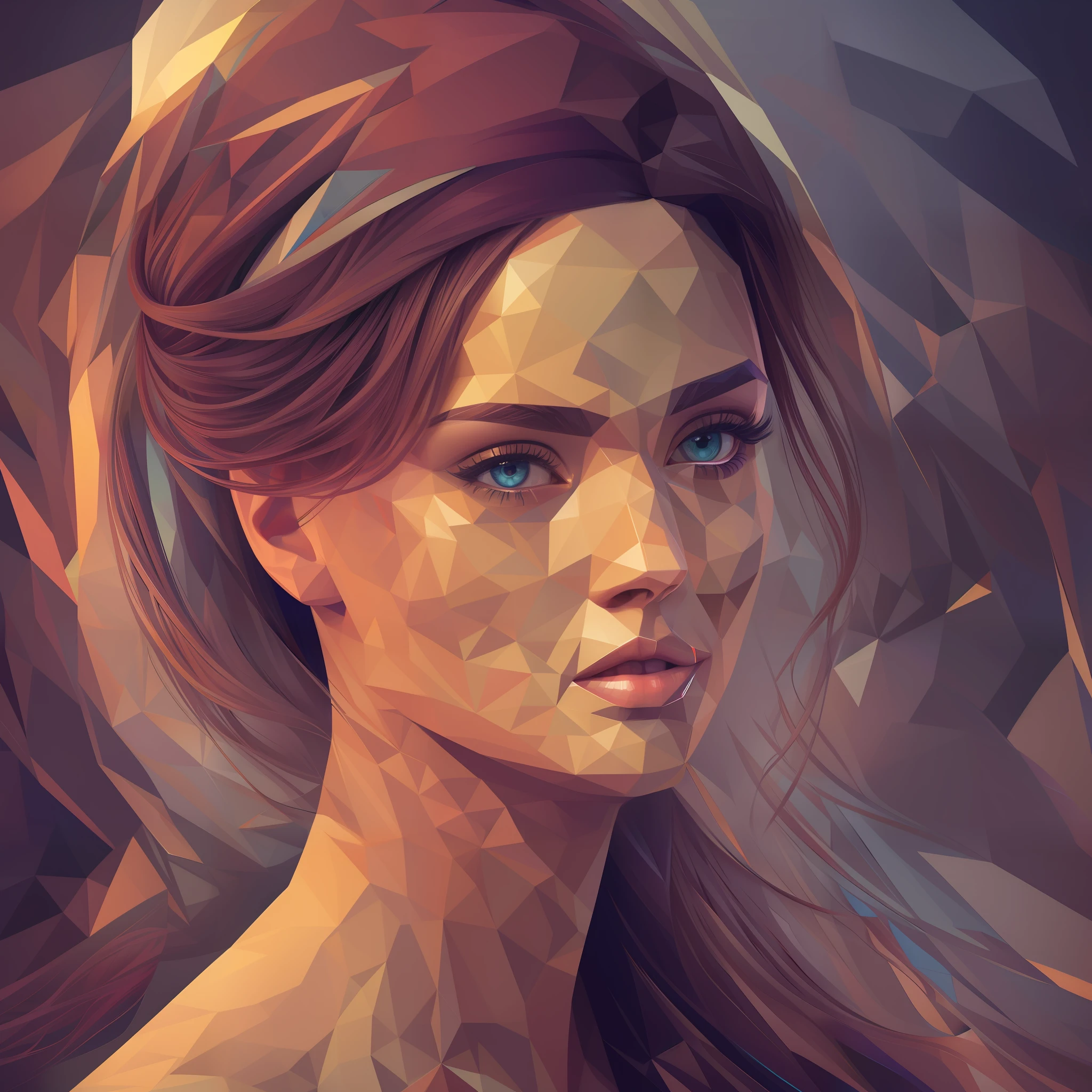 a digital painting of a woman's face, inspired by andrey ryabovichev, trending on cgsociety, digital art, intricate futurism, super detailed color lowpoly art, shattering, intricate detailed oil painting