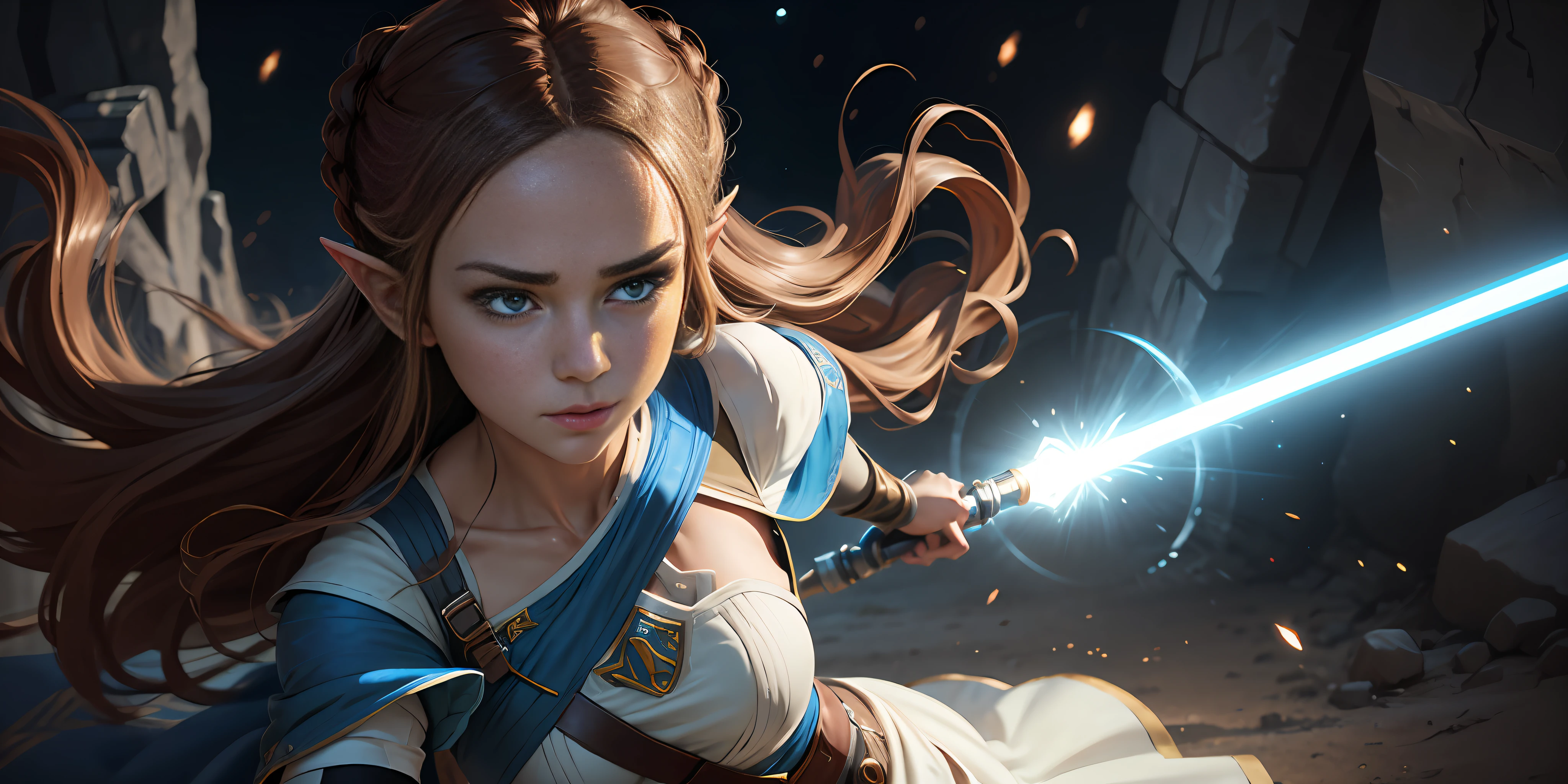 A full-body shot of Princess Zelda, brown hair, blue eyes, dressed as Rey Skywalker, 25 years old, mature, XL bust, using a blue light saber, ready to battle, fighting stance, Background: Inside a space station, Unreal Engine 5, Anime, Anime style, Masterpiece, Well drawn eyes, well drawn face, well detailed eyes, well detailed face, 8k, light and shadow effect.