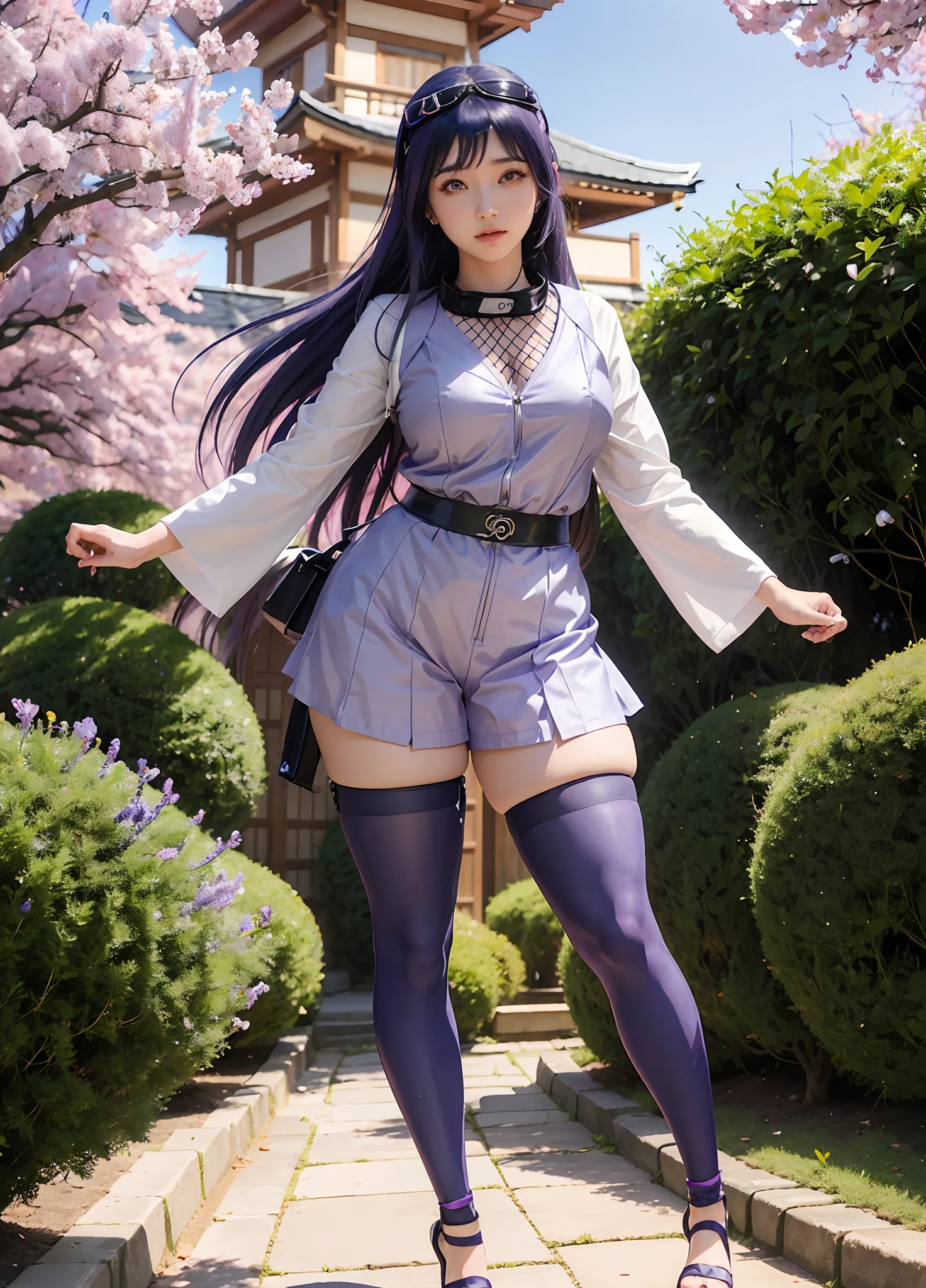 Hinata, trending on Pixiv, trending anime hyperrealism, curvy but slender, signature pose, dancing in a lavender garden, magical, kawaii, Harajuku makeup, visual KEI hair, Hinata outfit, adult Hinata, sexy ninja Hinata, hololive Japan vtuber