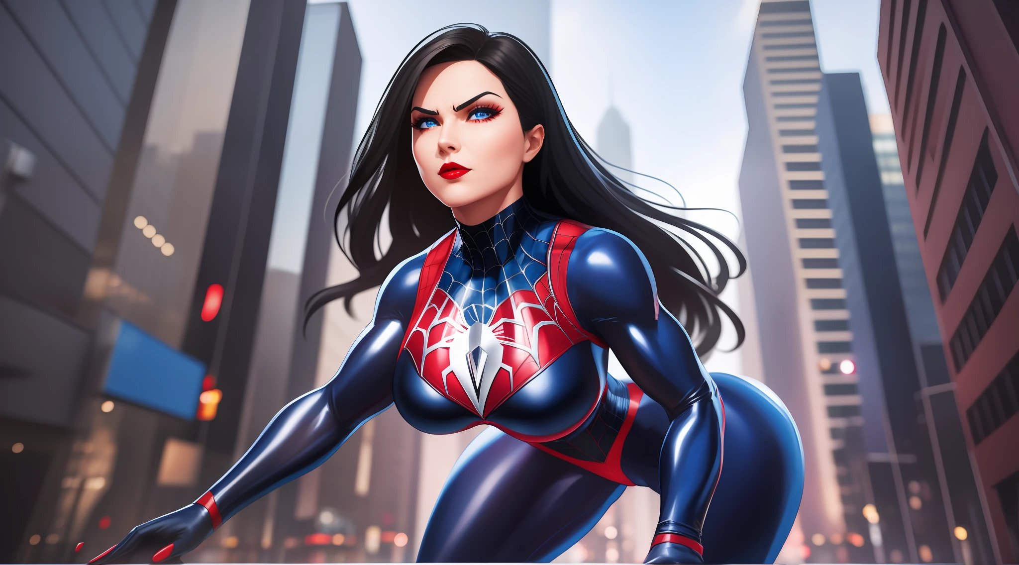 spider-woman in suit, black hair, blue eyes, large breasts, wide hips, thick thighs, no teeth, beautiful face, muscles, abs, ray traced, red lipstick