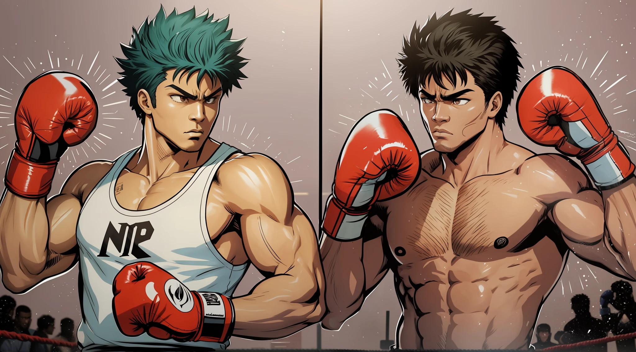 In the captivating aesthetic of the anime series Hajime no Ippo, design a stunning image featuring a boxer with resemblances to Muhammad Ali and Mike Tyson. Pay meticulous attention to anatomical proportions, capturing the athletic build and intensity of the fighters. Depict the boxers in a face-to-face pose, just moments before a match, radiating determination and power. Their facial expressions should convey a mix of confidence and focus. Emulate Hajime no Ippo's art style by incorporating bold lines, dynamic shading, and attention to detail, such as muscle definition and boxing gear. Add intricate touches to their attire, like personalized shorts and gloves, reflecting their unique identities. Create a visually striking masterpiece that captures the spirit of both Muhammad Ali and Mike Tyson while embracing the iconic aesthetic of Hajime no Ippo. --auto --s2
