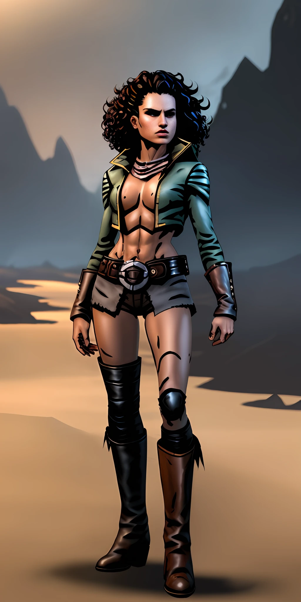 ((An attractive woman with brunette skin with curly hair, model body)), (nude 1.4), (witch rpg), leather boots, rpg style, full body, torn clothes, standing in natural pose, scenery of an abandoned and dark spaceship, GameStation style:1, ultra detailed, artstation, 4k resolution, digital painting, fine focus,