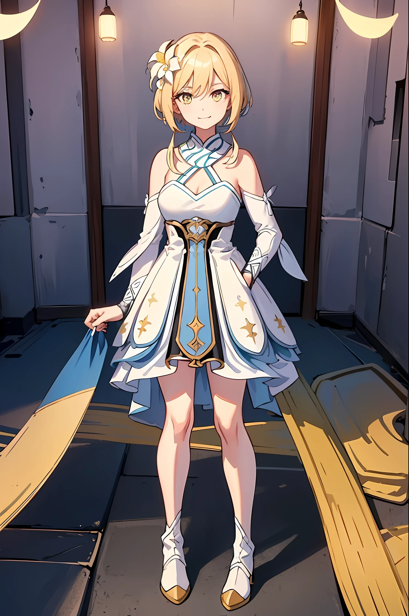 ((((masterpiece))), 4k resolution, high detail, (((extremely detailed eyes))), detailed background, cinematic lighting, crystal clear eyes, 1girl, high quality, high resolution, ultra-detailed, 8k, best quality, 1girl, solo, shadow, backlight, light particles, thick eyelashes, wide sleeve, thick hips, (masterpiece: 1.3), (best quality:1.2), (super thin illustrations:1.2), (masterpiece), high quality, high detail, (SOLO:1.4),(round  image)),[(cyberpunk:1):5], Look at the viewer, cyberpunk,{hands hidden}, {{hands in pockets}}},{{hands in sleeves}}, whole body, flower in hair, top, Lumine (Genshin Impact), flower on head, blonde hair, short hairstyle, golden eyes, evil grin