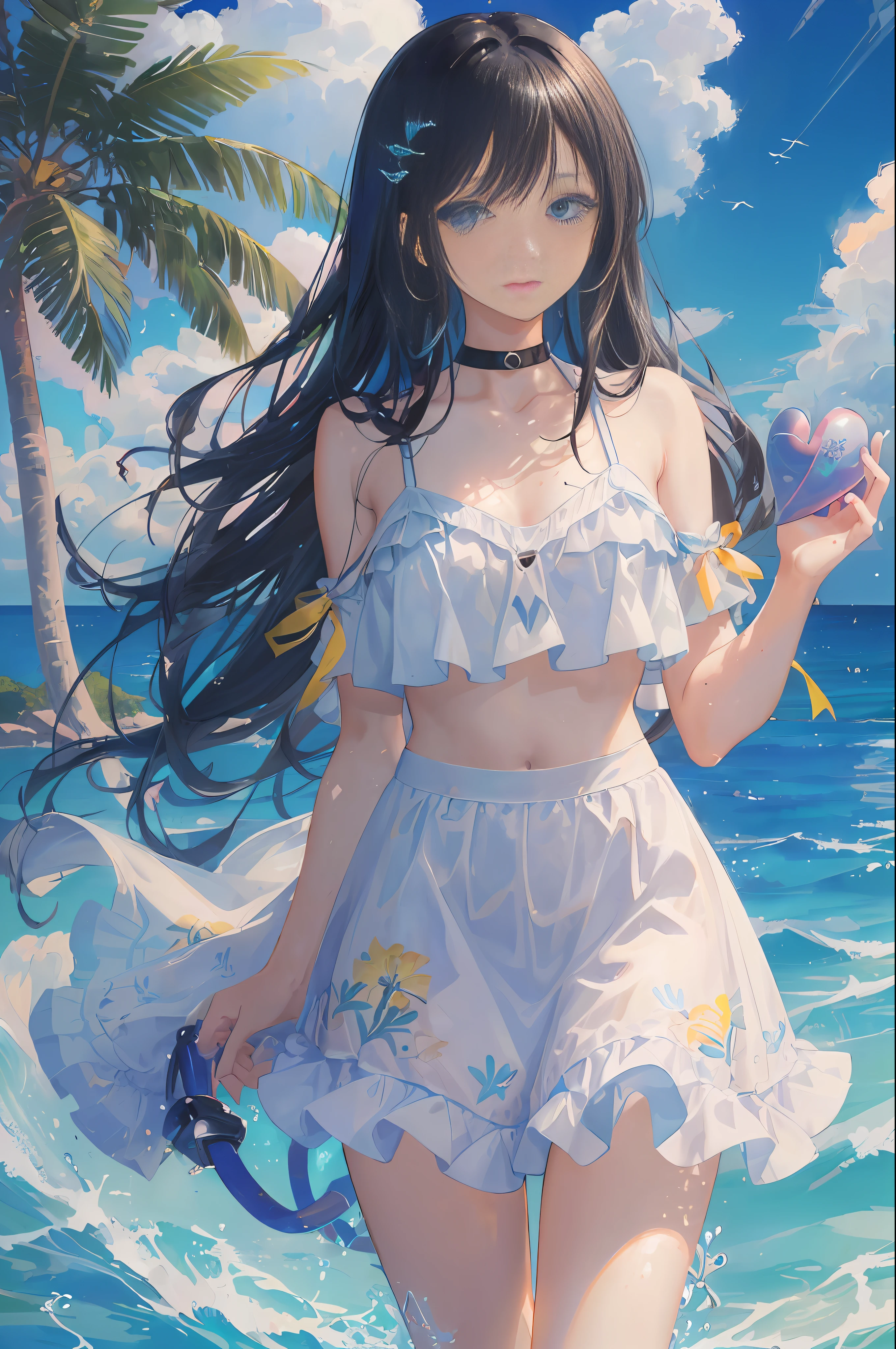 art by Cornflower, dreamy, (A beautiful, aged, anime-style girl with blue eyes and long, black hair, wearing a pale yellow, shiny, long-sleeved, open-chest, long skirt swimming suit with a pink, white, and yellow, heart on it is posing with her hands on her hips, in front of a beach and a bright, blue sky with clouds in it, there are palm trees in the background on both sides of the picture, and there are lots of blue and yellow fish swimming in the ocean, and there is a police helicopter with lights on it flying over the girl)