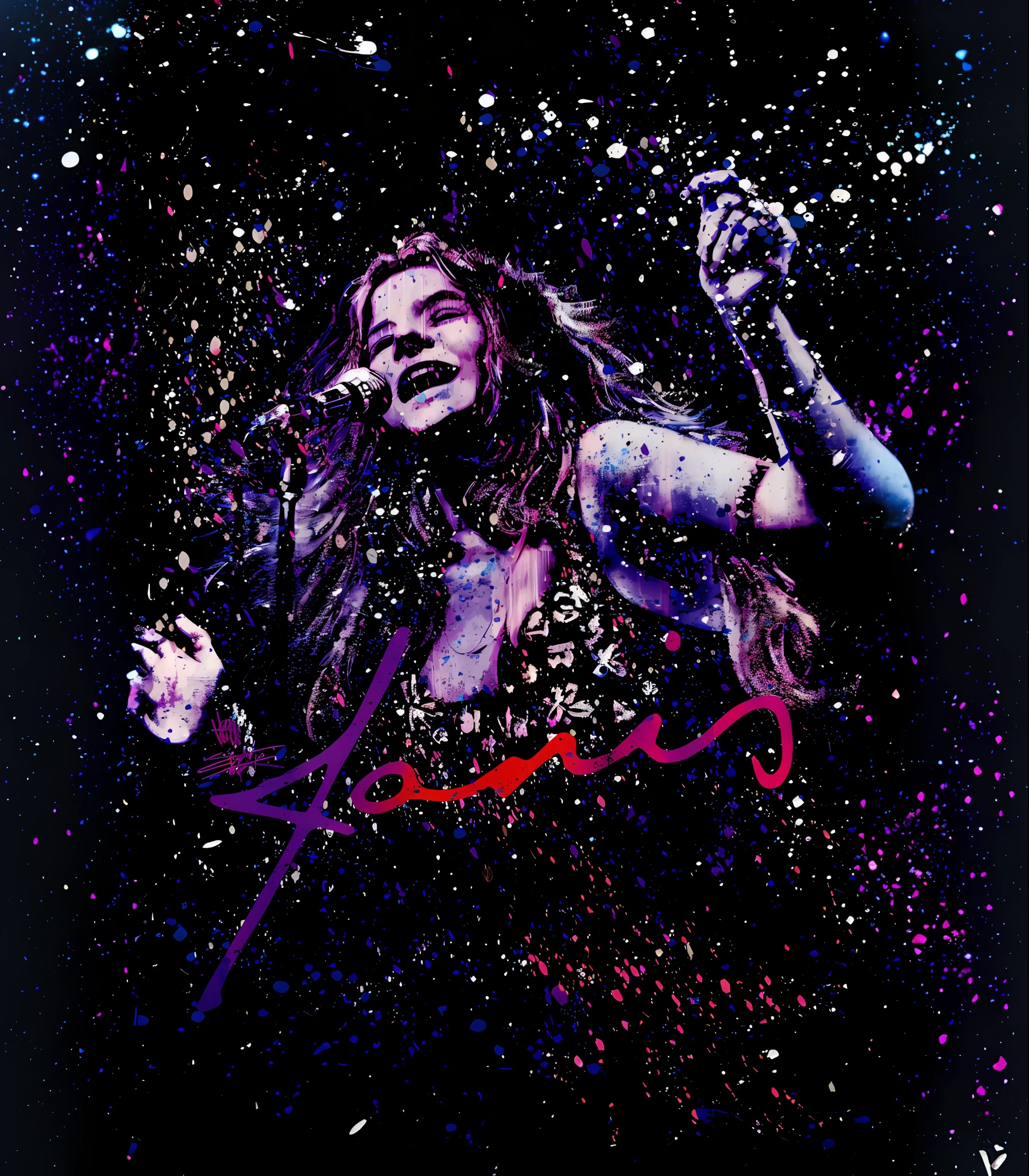 arafed photograph of a woman with a microphone and a handwritten name, album art, official artwork, fanart, poster artwork, lowres, album, official fan art, painting of ariana grande, album artwork, janis rozentals, album art cover, album cover!, ((oversaturated)), selenar, fan art, official poster artwork, hq artwork