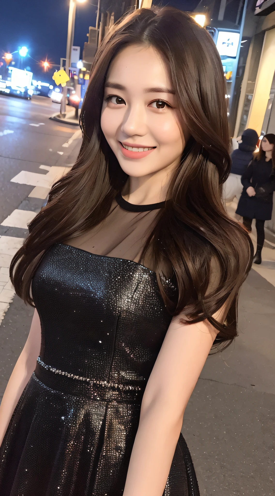 ((Best quality, 8k, Masterpiece :1.3)), 1girl, smiling, full body, slim face, Pretty woman, (Dark brown hair), full length dress :1.1, Ultra-detailed face, Detailed eyes, Double eyelid, blur background, slim face, city, outside, street,