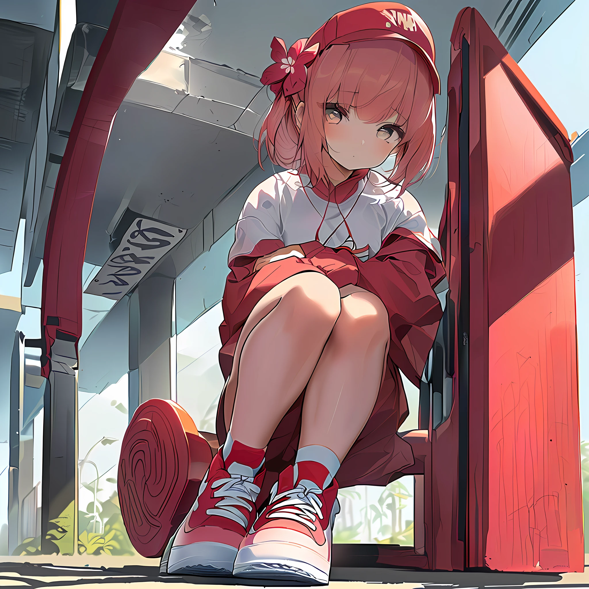 1girl, wearing sneakers, Nike Air Force 1's, With cherry blossom designs, white pink and red shoes, dynamic pose, fashion model pose, wearing street gear