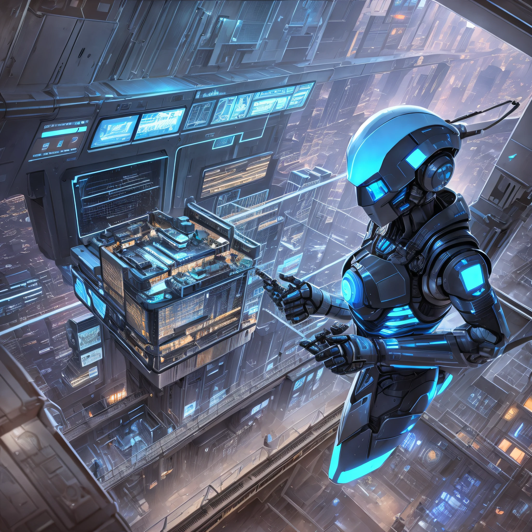 Stealth city life from above by a robot inside a ship with blue lights and several buttons --auto --s2