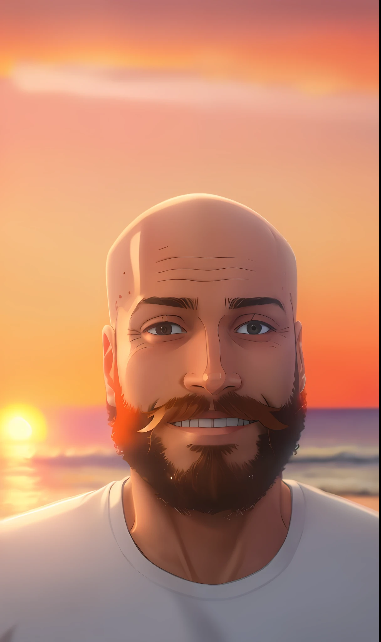 Man with beard and smiling white shirt,front photo 8k,high quality,bald short beard,professional photo,small beard,GTA San andreas style,25 years,beach background with sunset