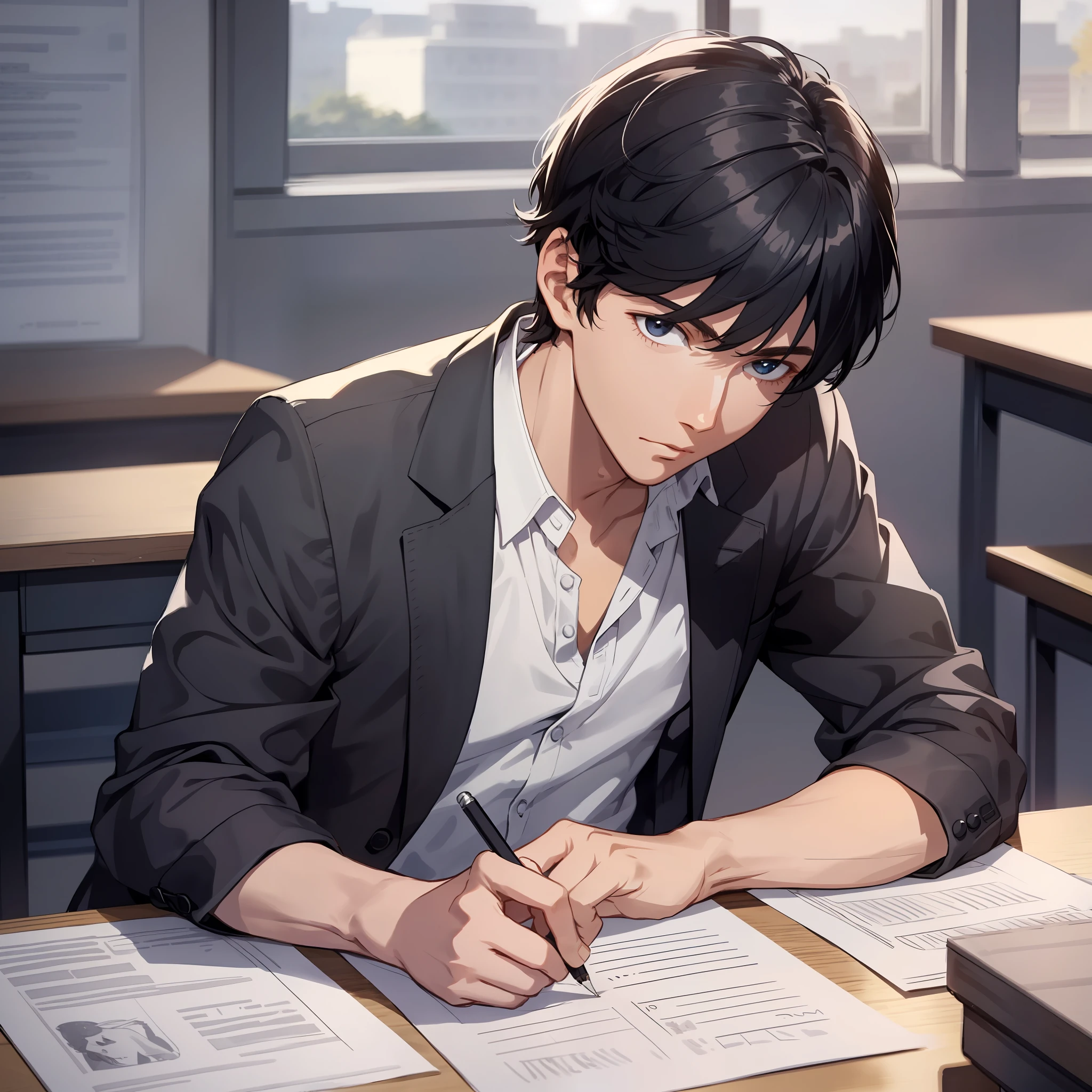 A boy, solo, handsome, handsome, delicate face, short black hair, sitting in class writing homework, sun on the body, masterpiece, 4k, official art illustration, animation