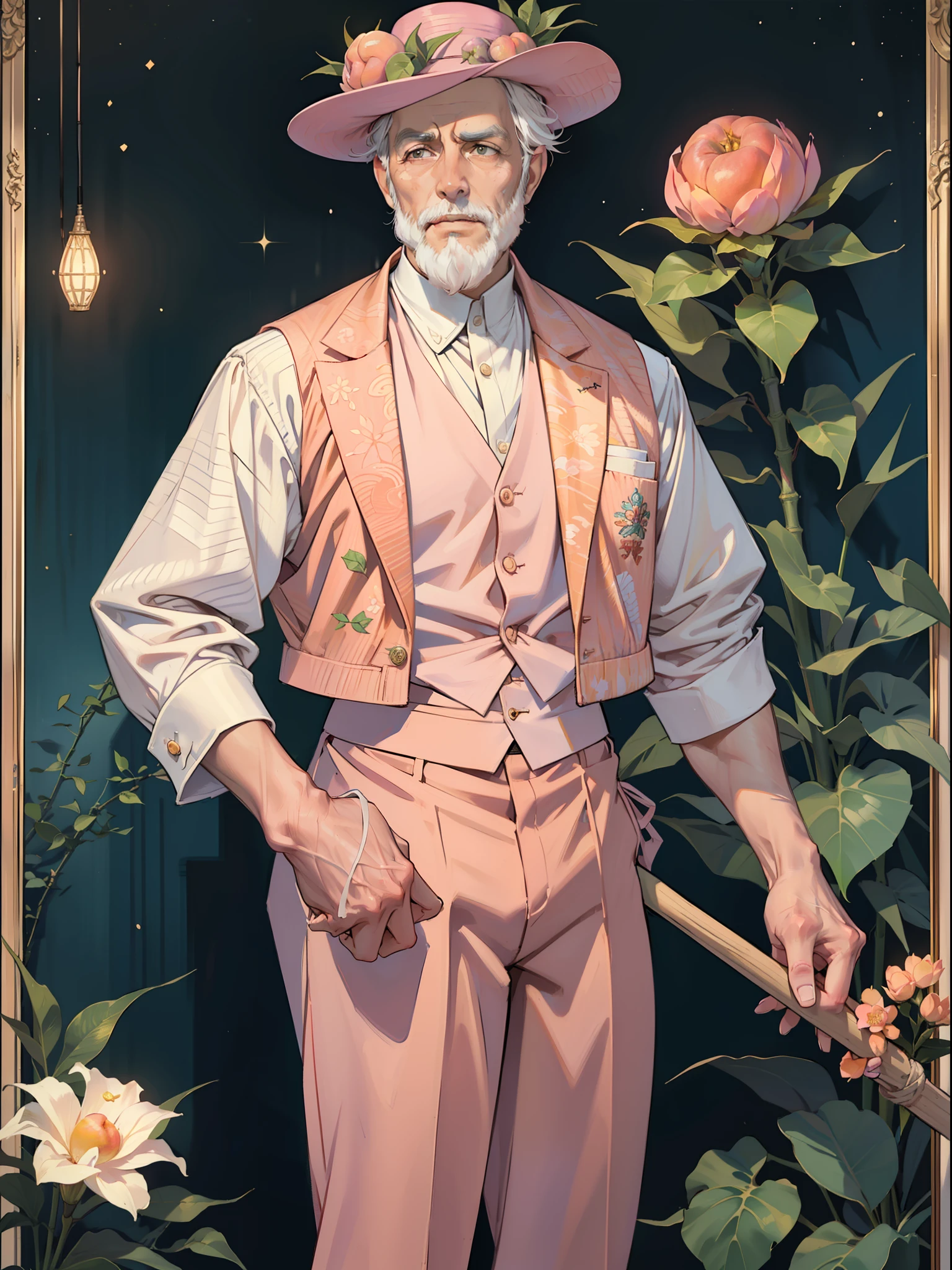 Male peach personification, (grandfather:1.1), old man, 1 grandfather, neat short beard, gray hair, kind look, old-fashioned clothes, pastel pink shirt dress, knitted diamond patterned vest, light peach pink vest, light coral pattern color, pastel pink trousers, pastel yellow boatman's head hat, hat decorated with peach blossoms, peach leaves on the hat, small peach fruits on the hat, grandfather in the hands of a patent leather cane, cane made of light wood, a cane decorated with a dark pattern, a pattern of peach leaves on a cane, a peach-colored pattern on a cane, a painting by Van Gogh "Starry Night" in the background, a poster